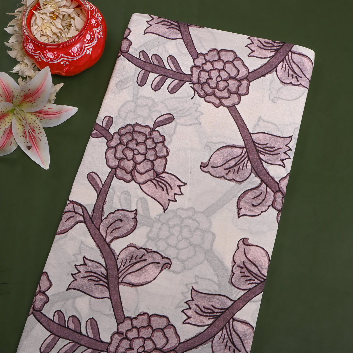 Pearl White Mauve Floral Vine Print Tussar Fabric