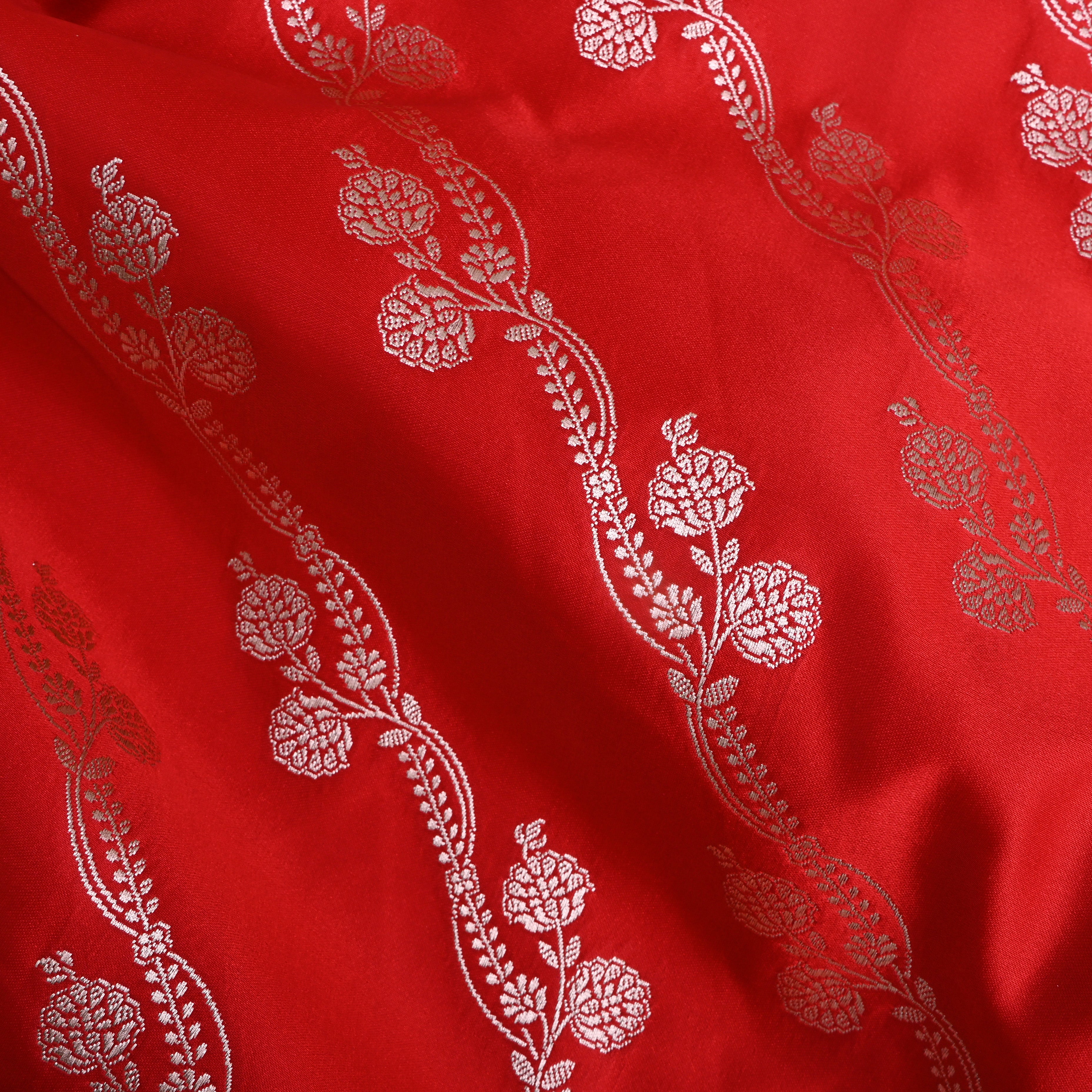 Bright Red Floral Bel Zari Satin Fabric