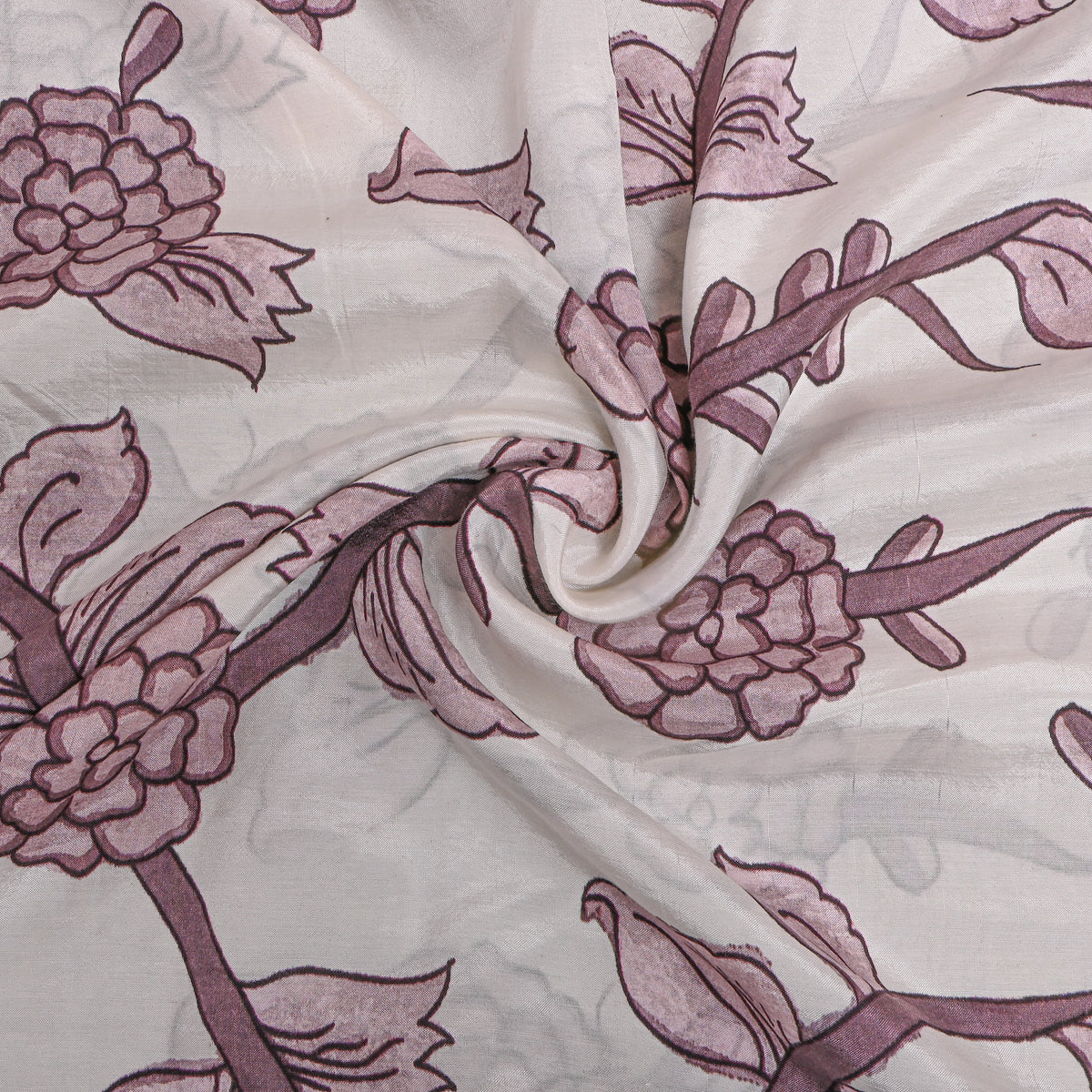 Pearl White Mauve Floral Vine Print Tussar Fabric