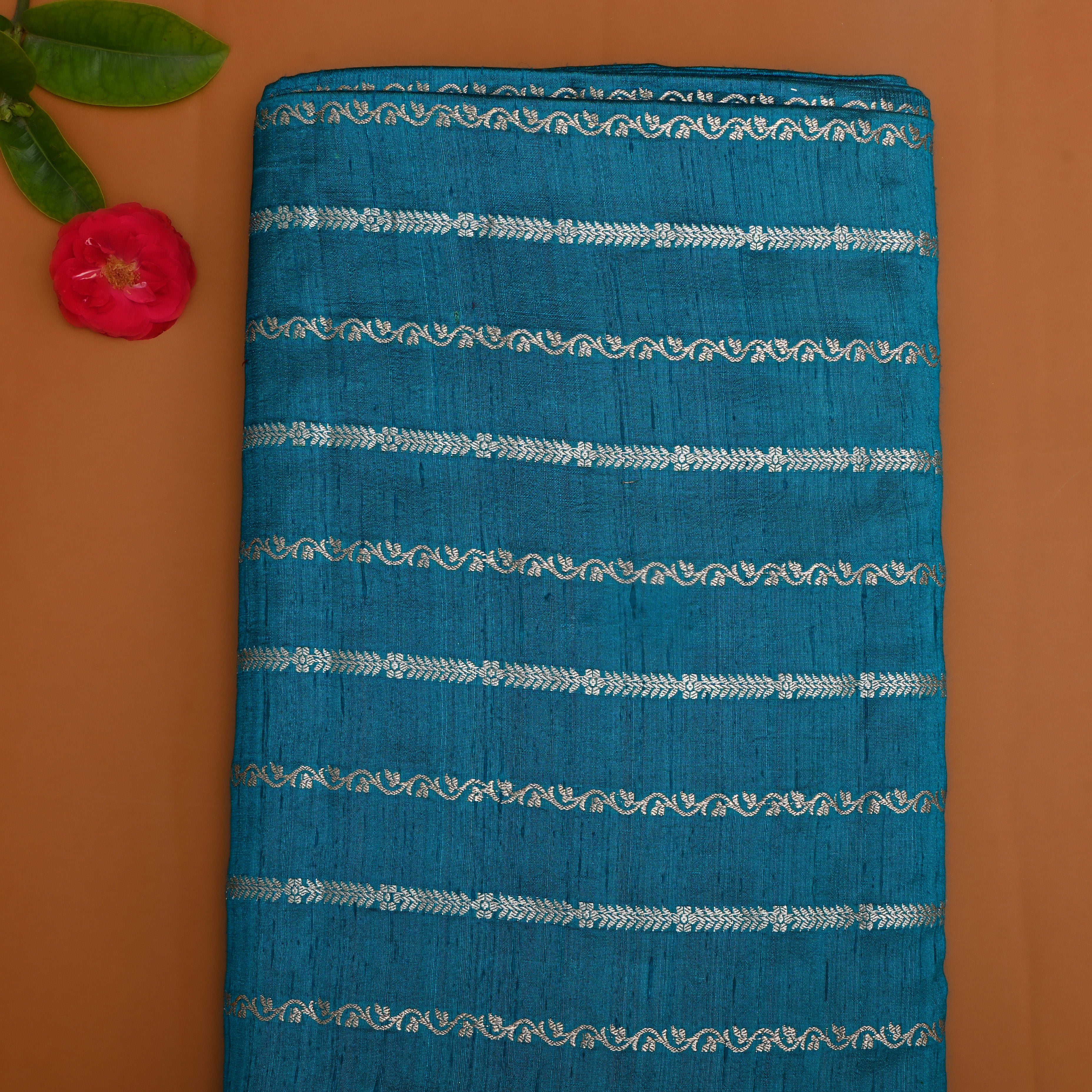 Greenish Blue Silver Zari Dupion Silk Fabric