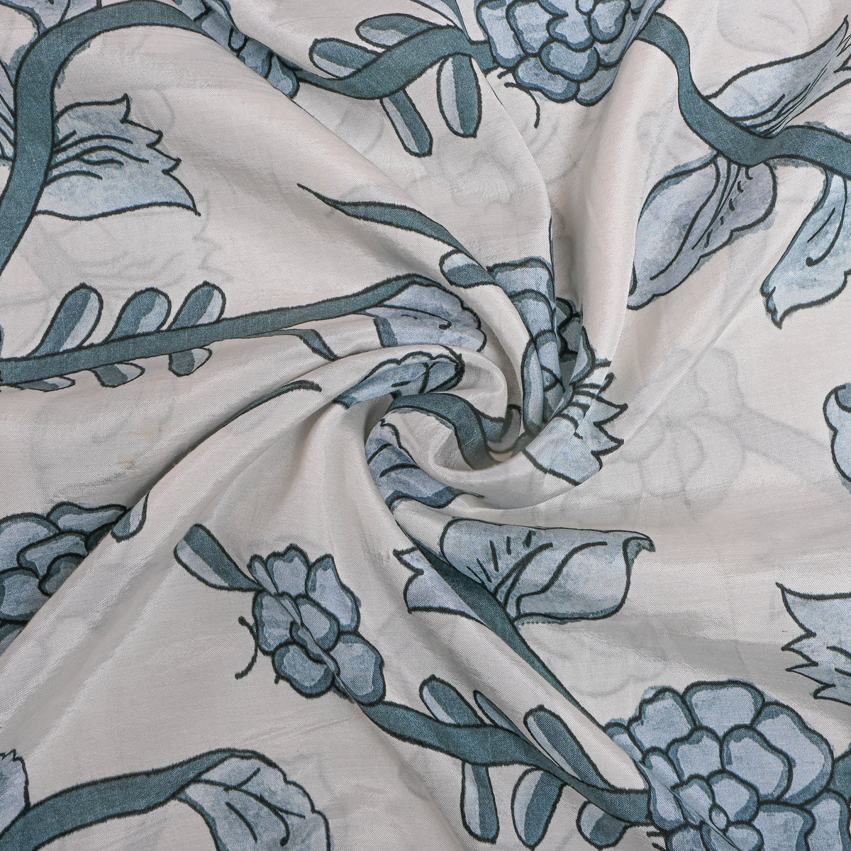 Frost White Slate Blue Floral Vine Print Tussar Fabric
