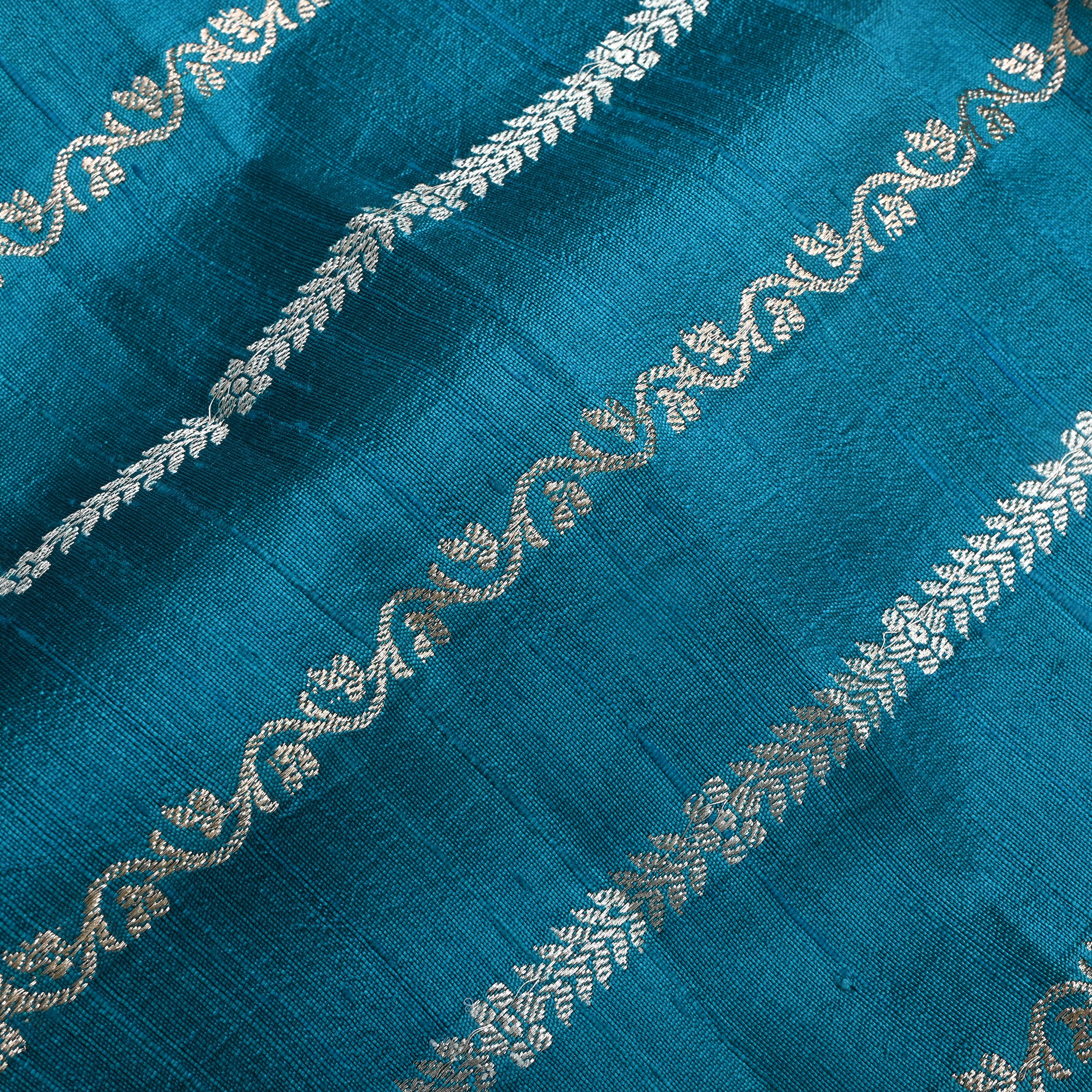 Greenish Blue Silver Zari Dupion Silk Fabric
