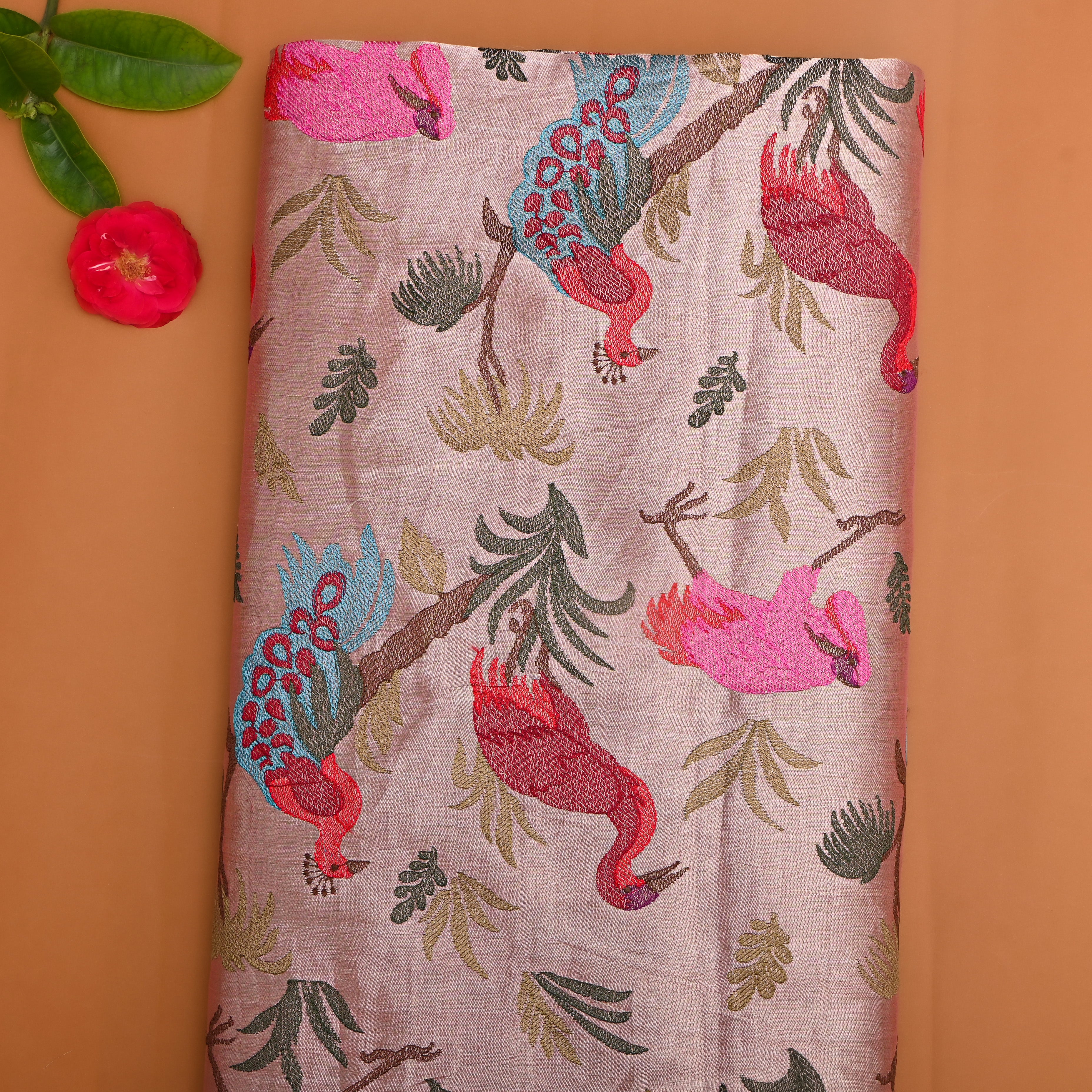 Multicolour Tissue Fabric With Floral And Bird Design