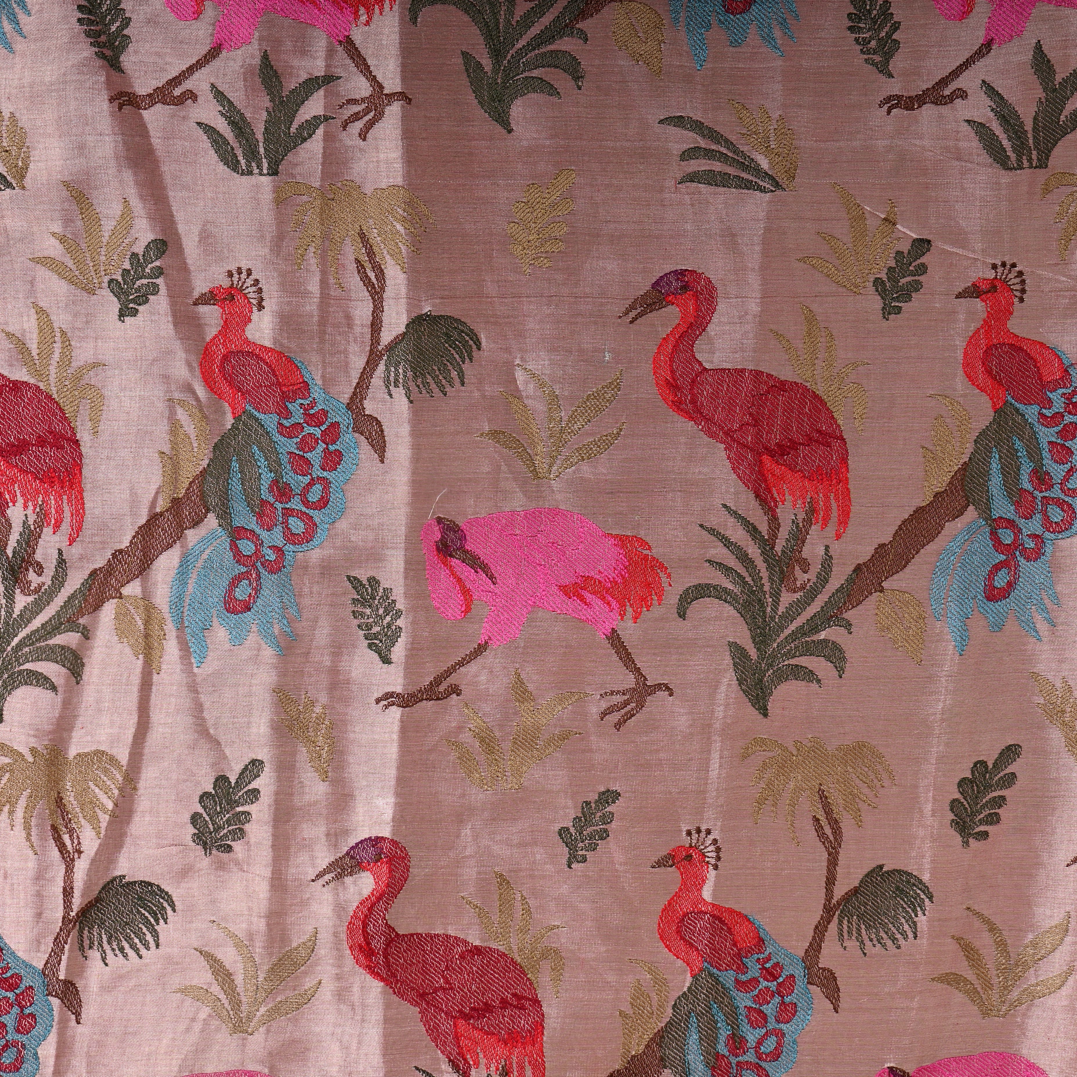 Multicolour Tissue Fabric With Floral And Bird Design