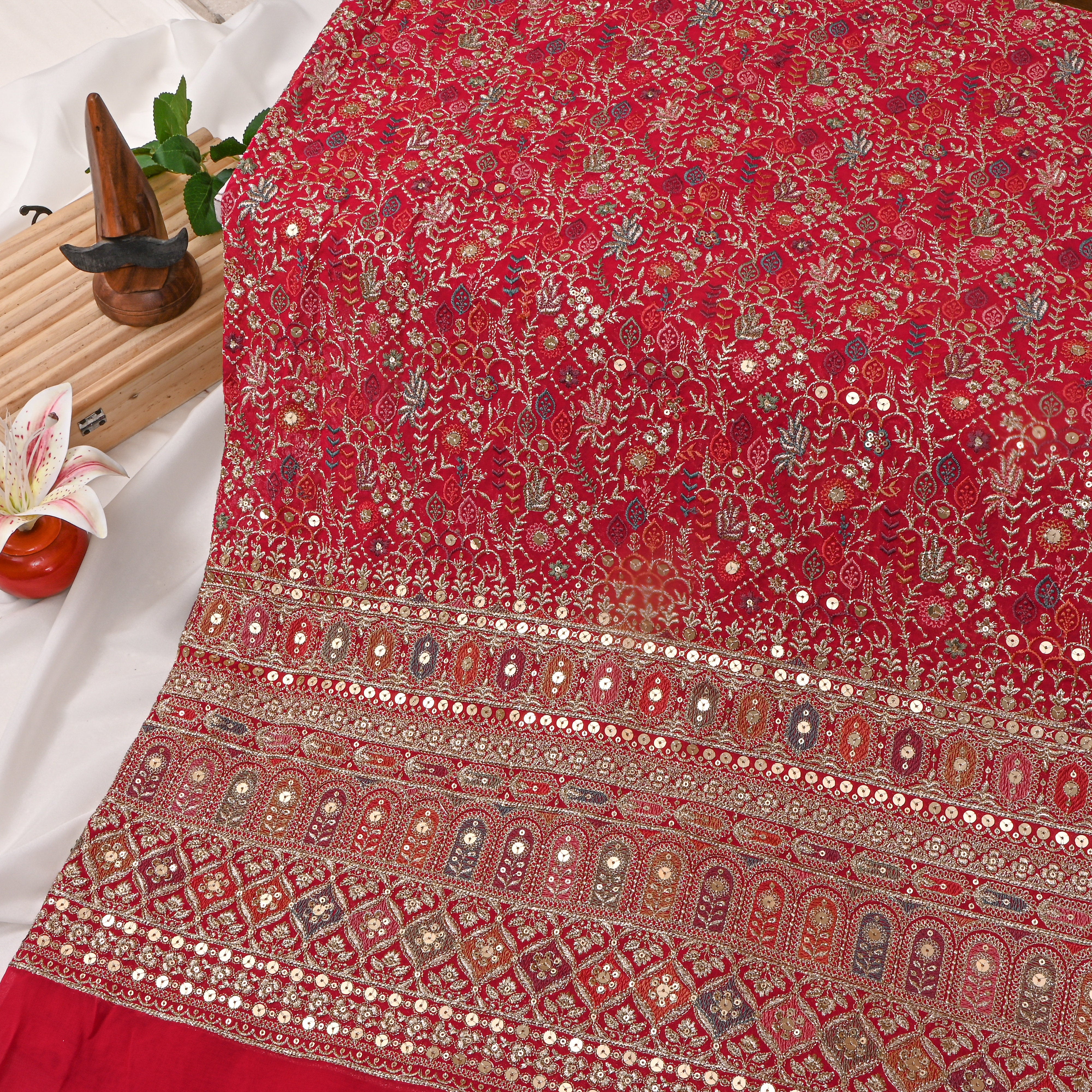 Red Multicolour Resham Floral Embroidered Georgette Fabric