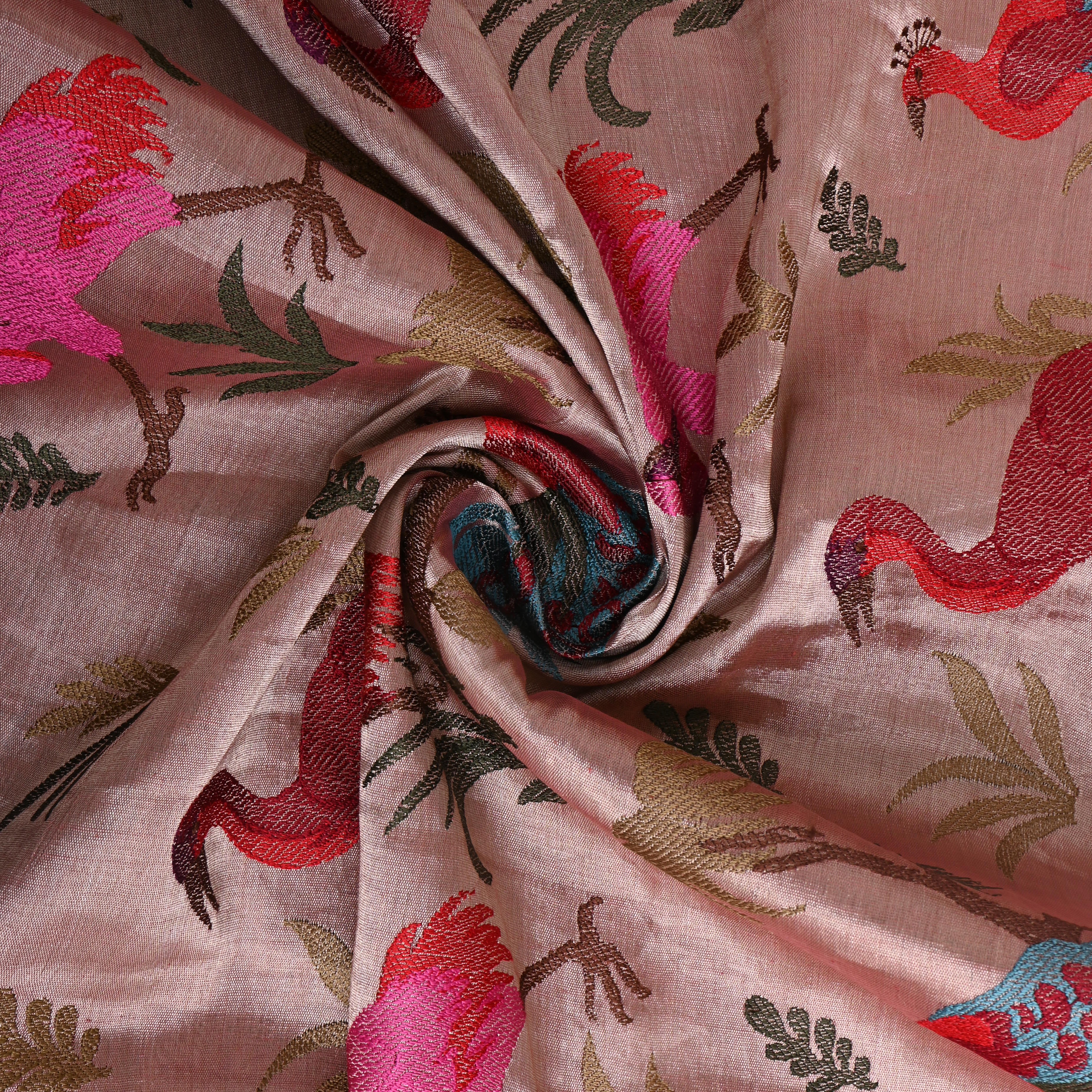 Multicolour Tissue Fabric With Floral And Bird Design