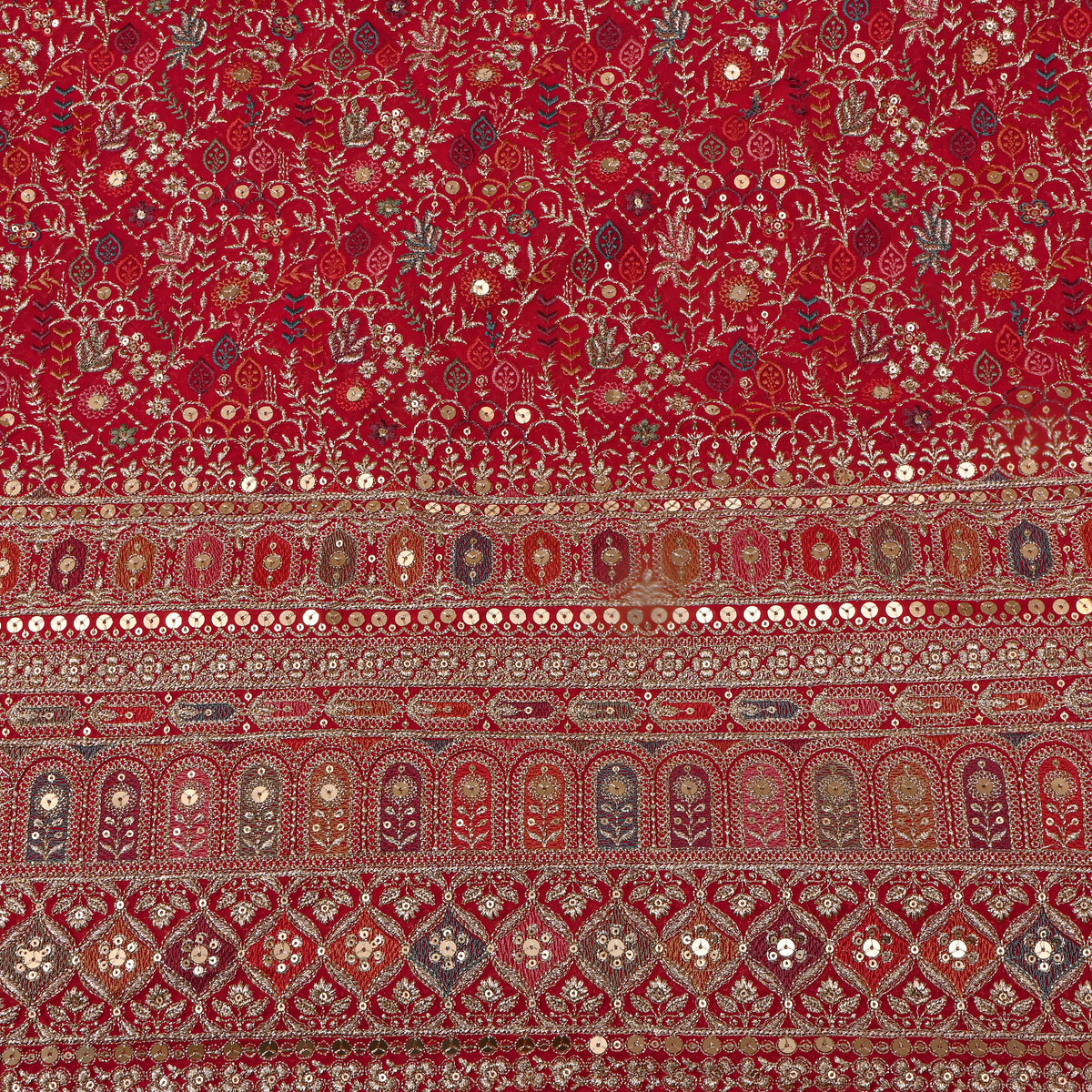 Red Multicolour Resham Floral Embroidered Georgette Fabric