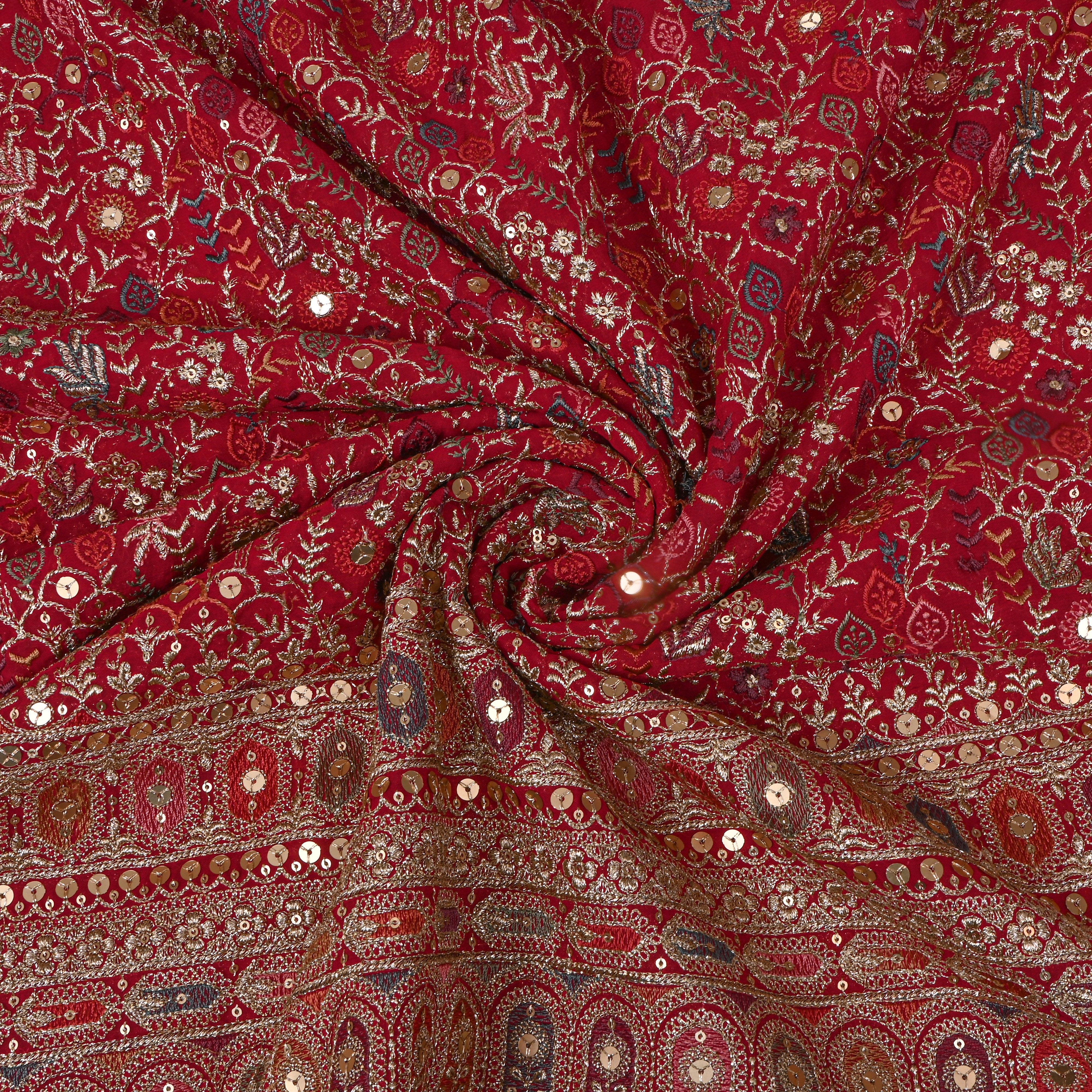 Red Multicolour Resham Floral Embroidered Georgette Fabric