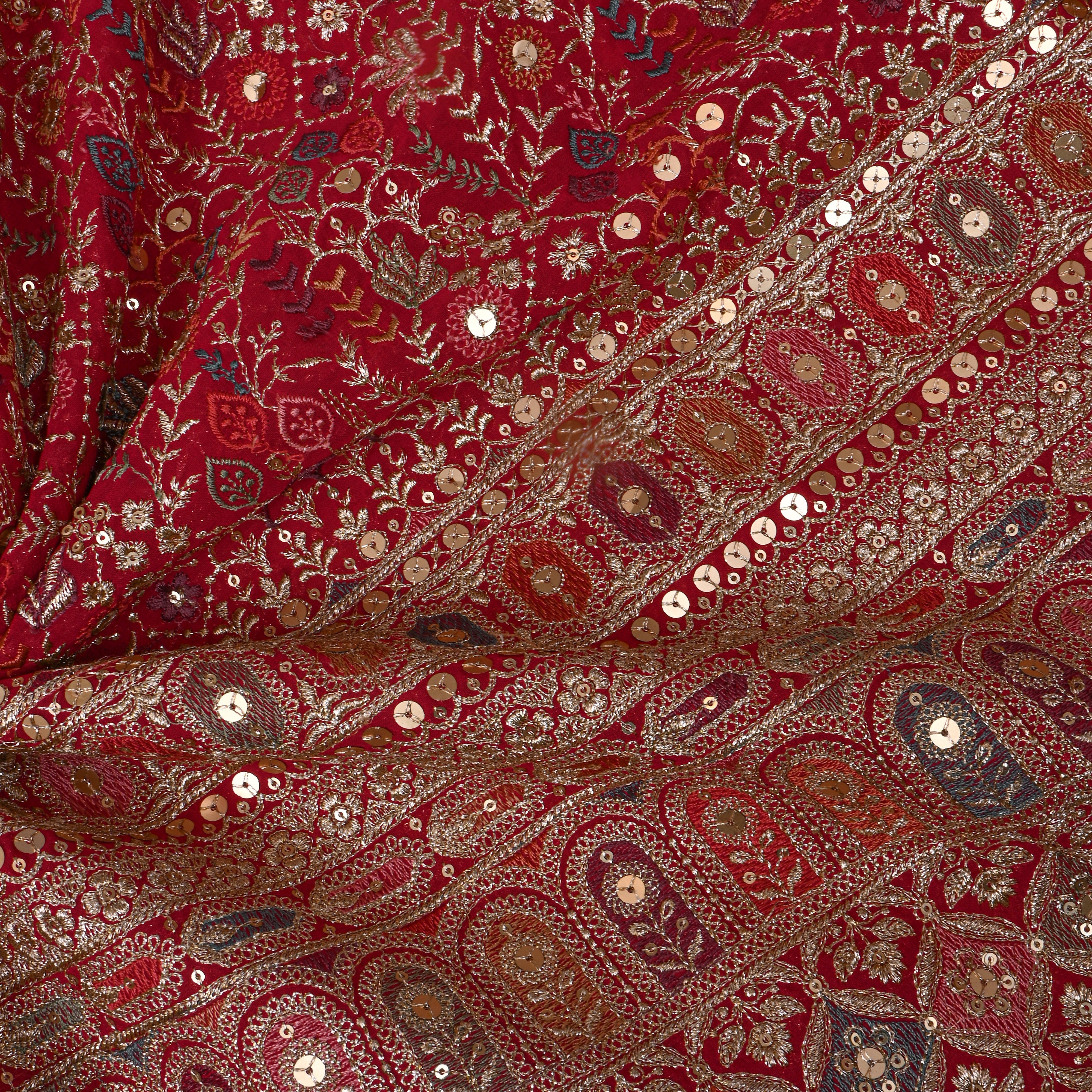 Red Multicolour Resham Floral Embroidered Georgette Fabric
