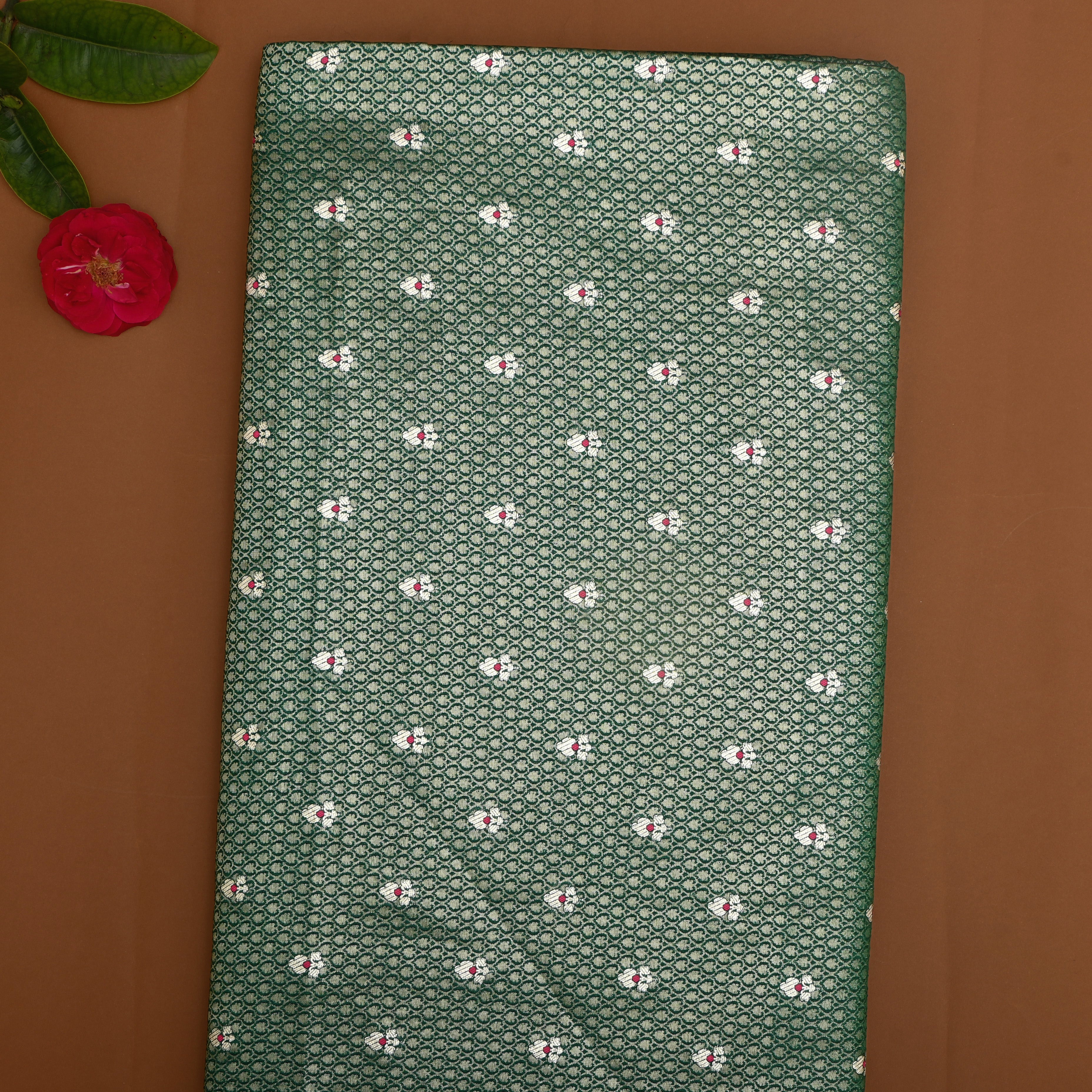 Dark Green Floral Zari Silk Fabric