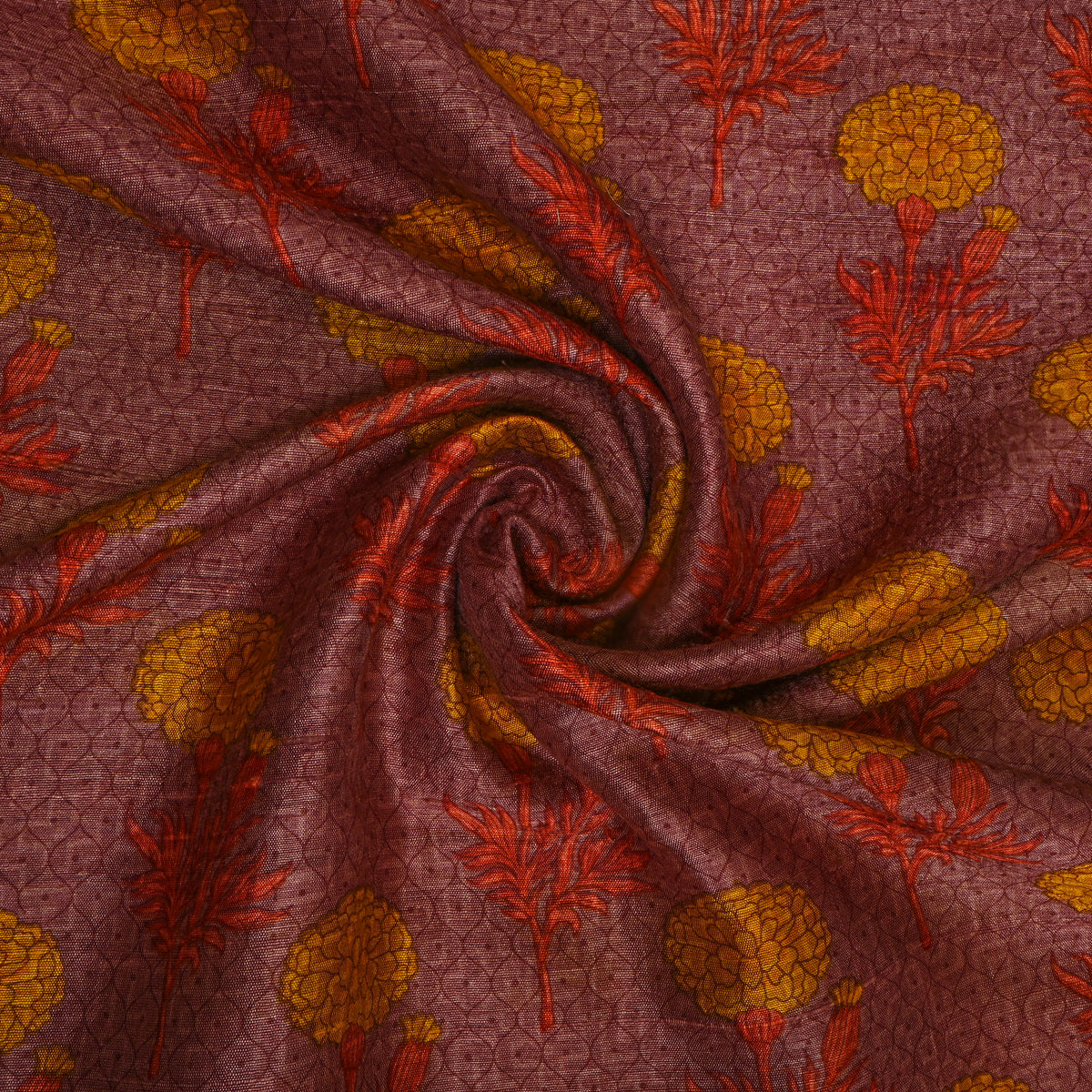 Wine Multi Flora Geometric Print Tussar Silk Fabric