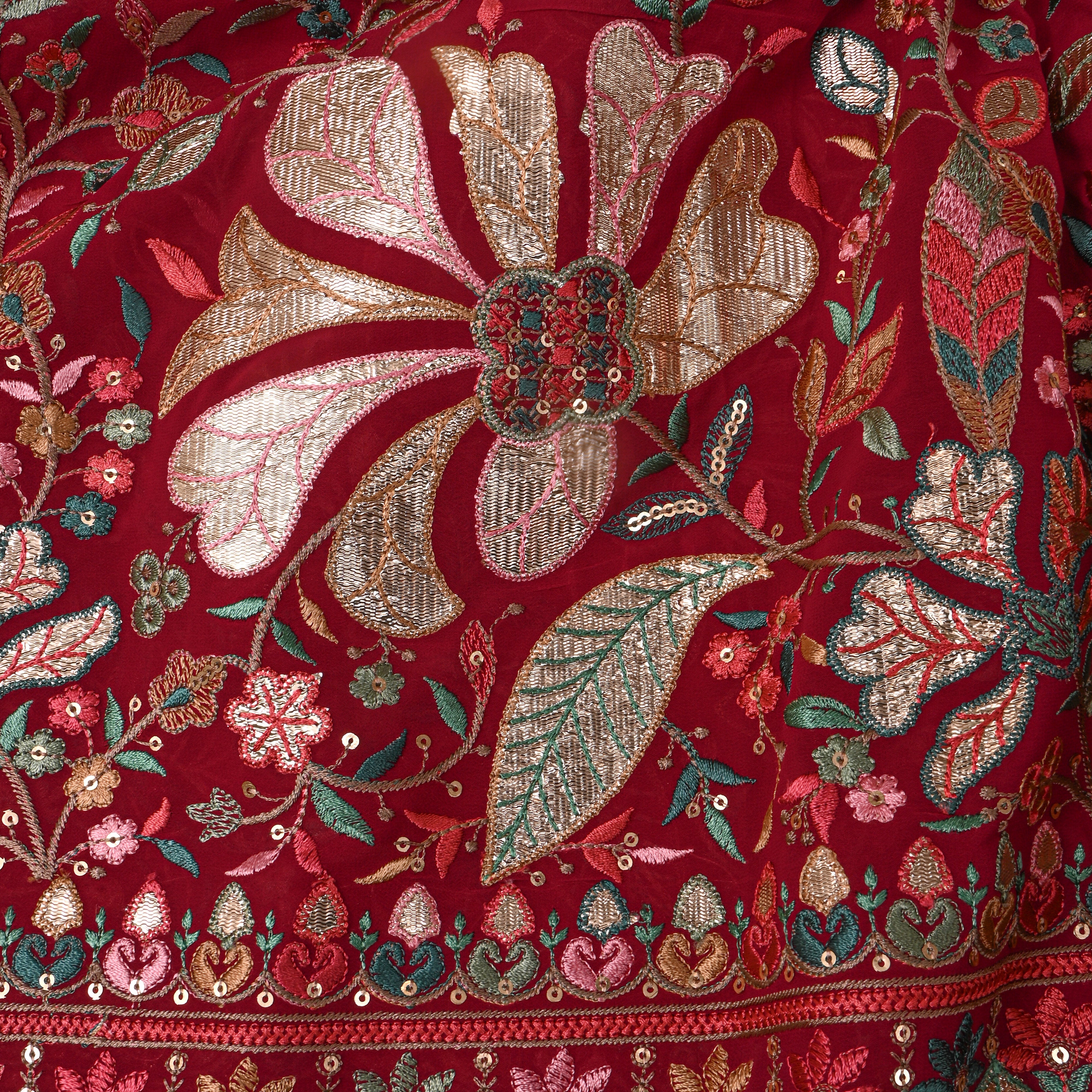 Red Multicolour Resham Floral Embroidered Georgette