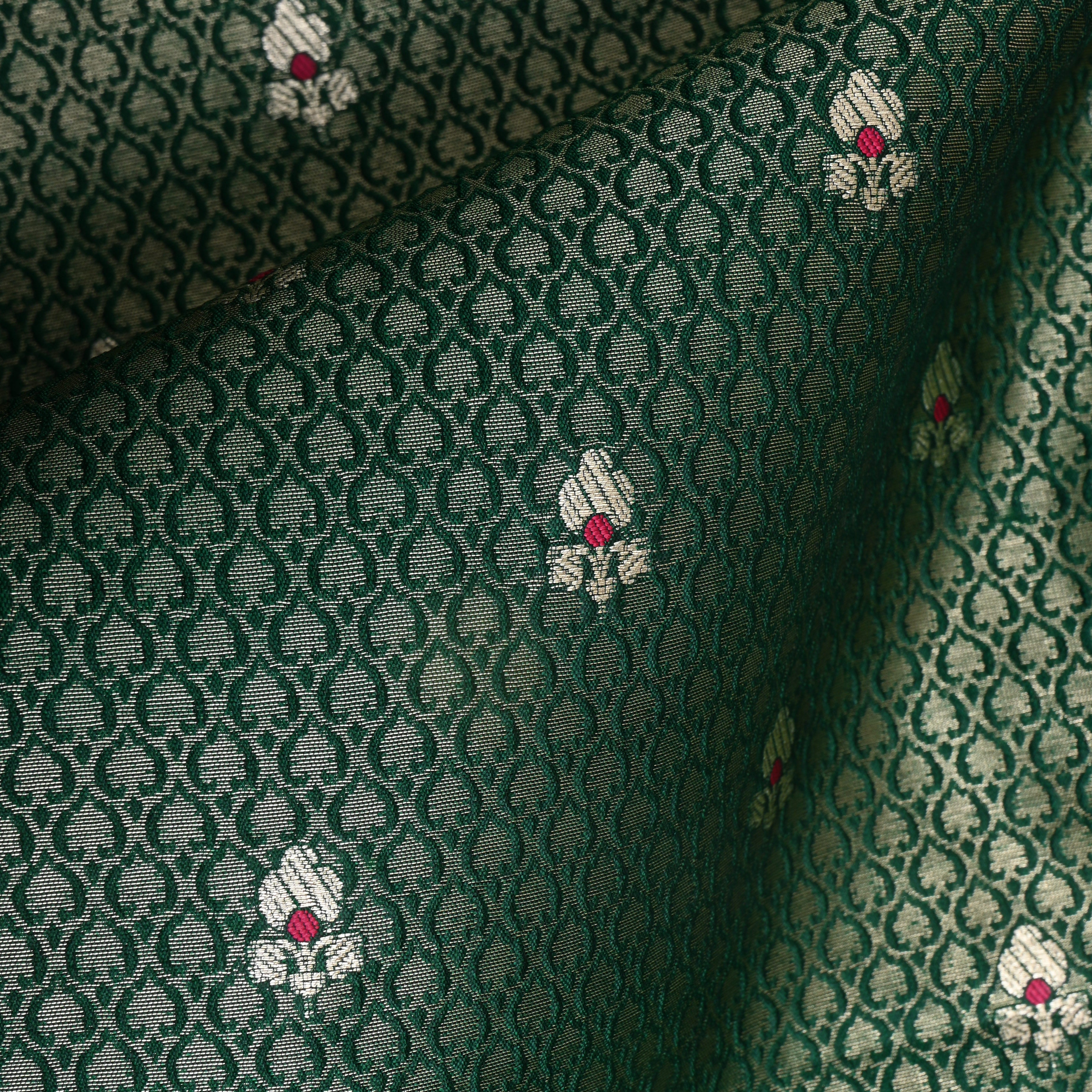 Dark Green Floral Zari Silk Fabric