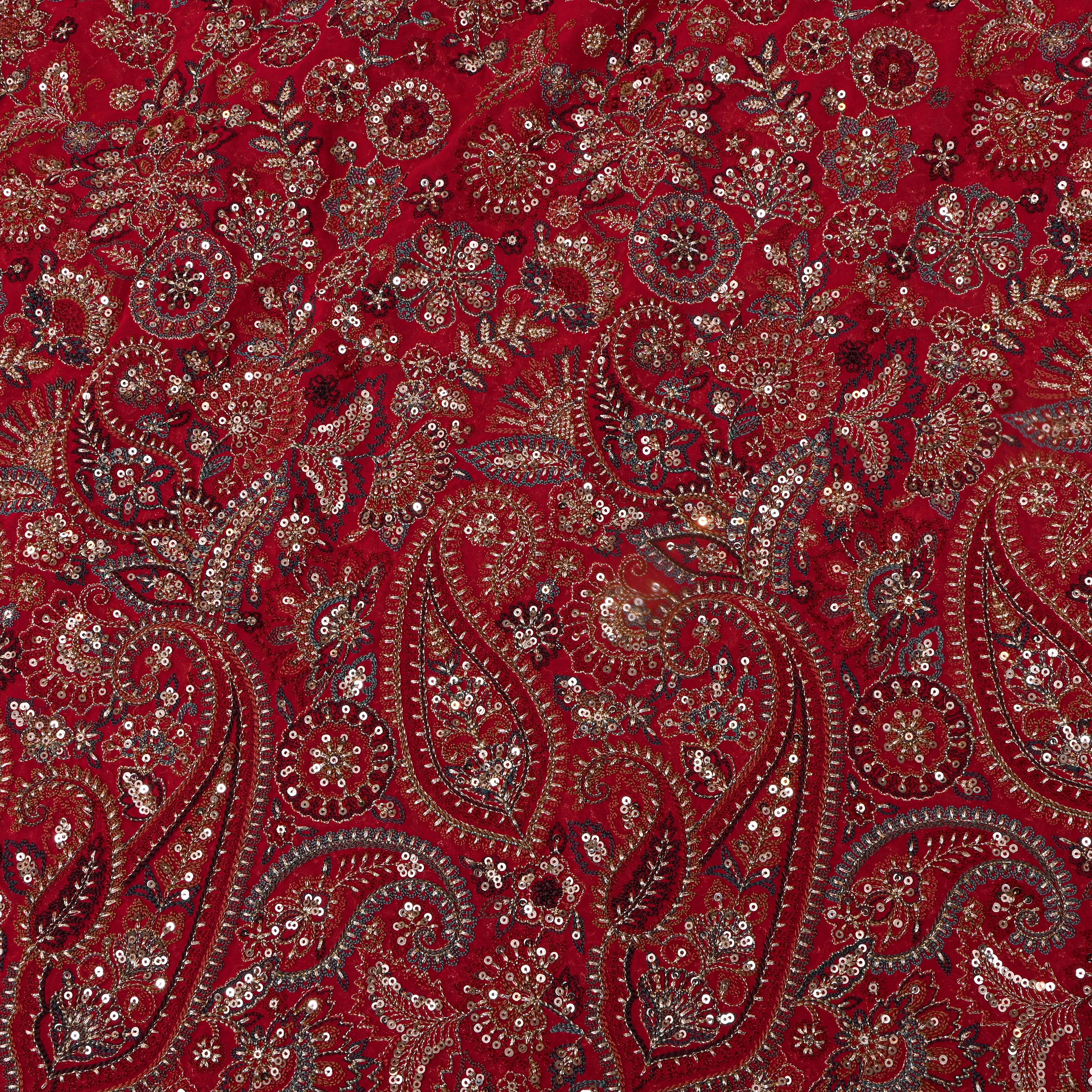 Maple Red Georgette Embroidered Fabric