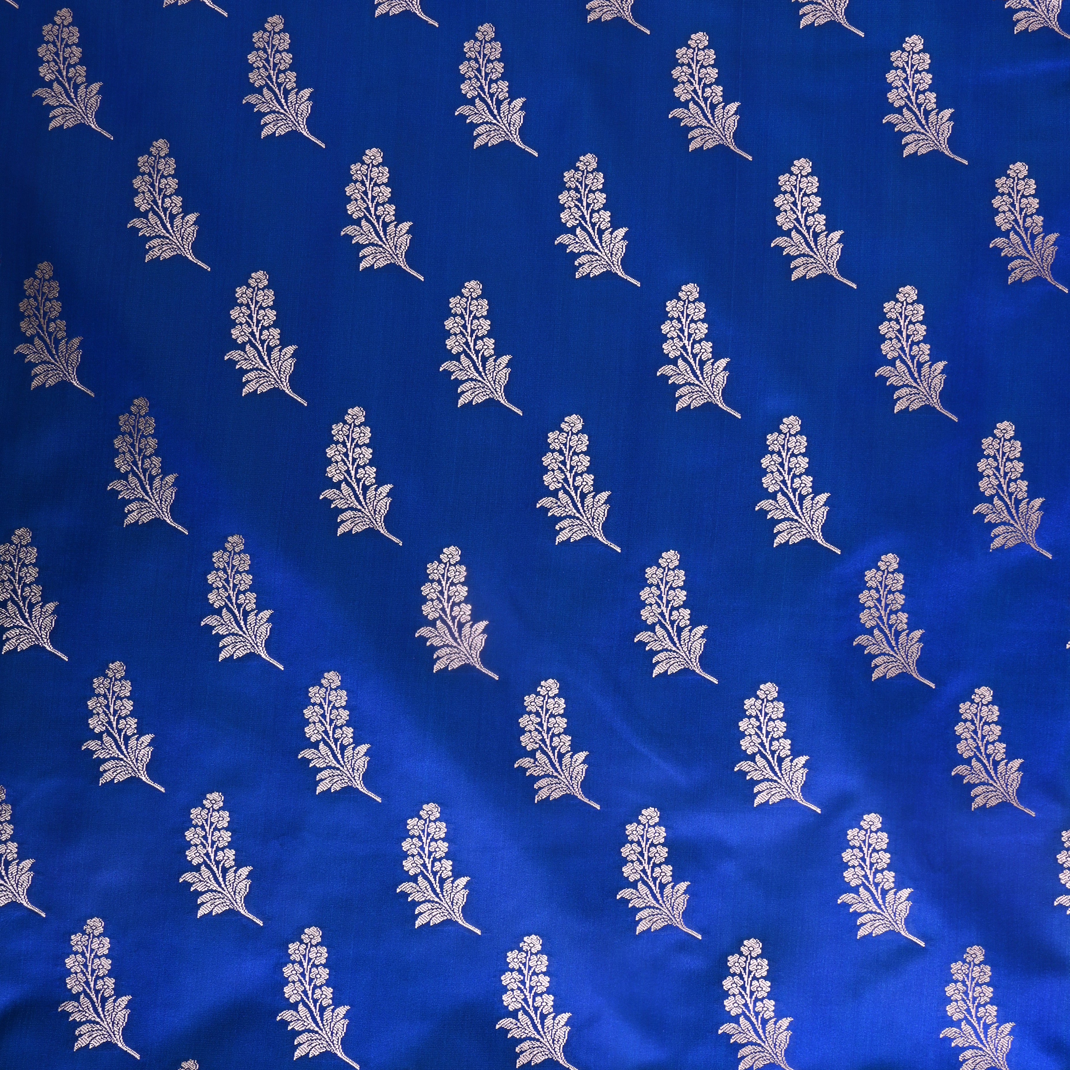 Royal Azure Blue Silver Zari Satin Fabric