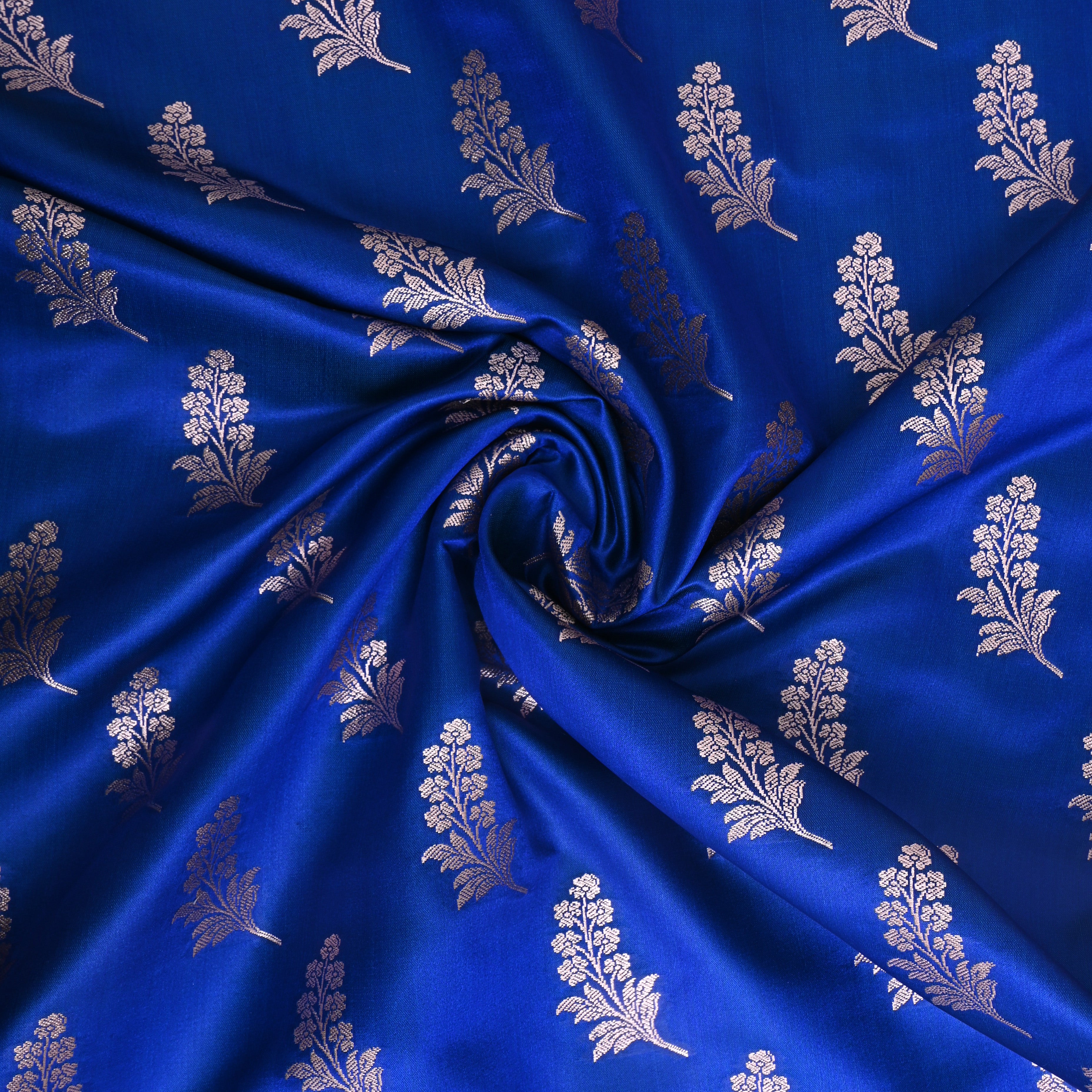 Royal Azure Blue Silver Zari Satin Fabric