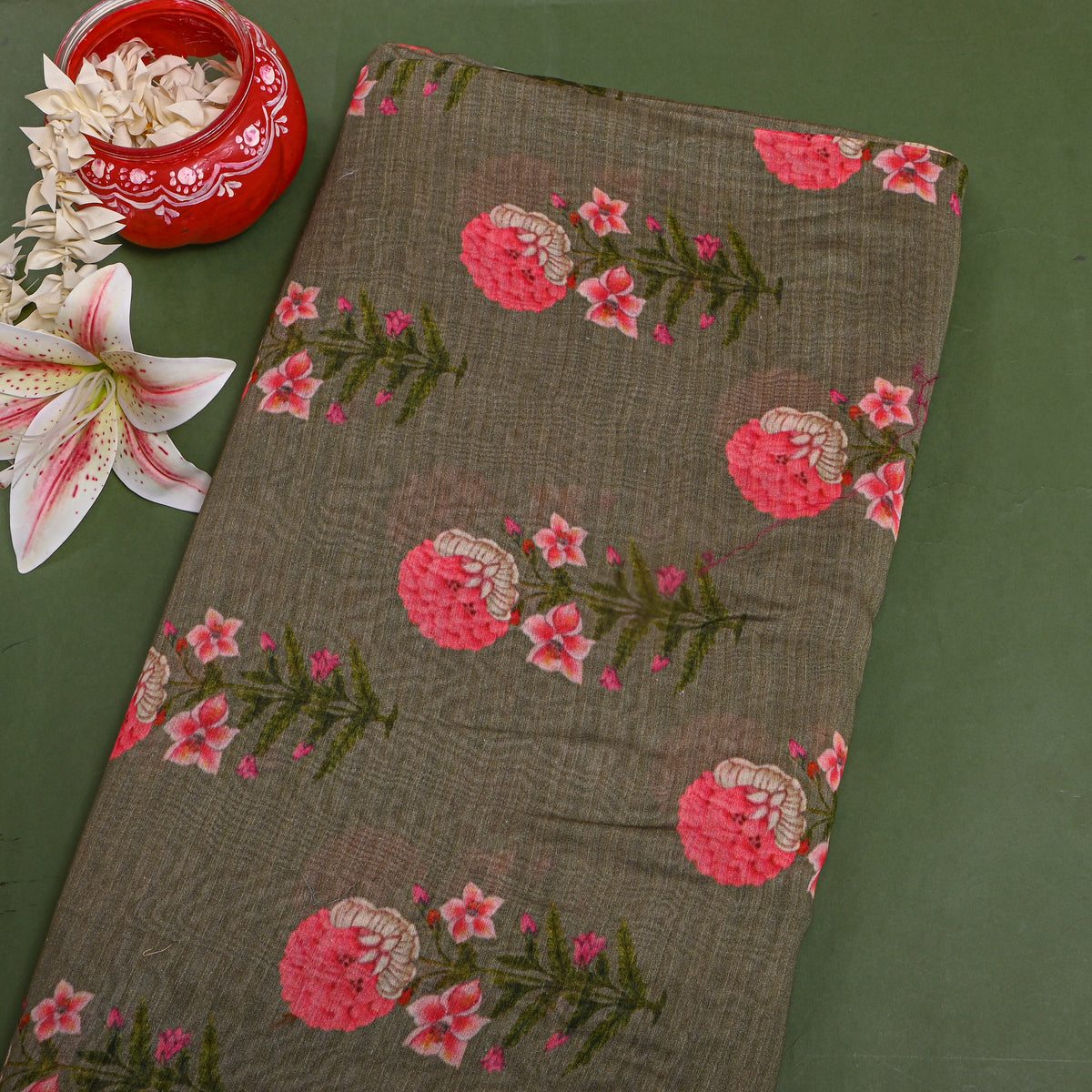 Dark Olive Green Printed Silk Fabric