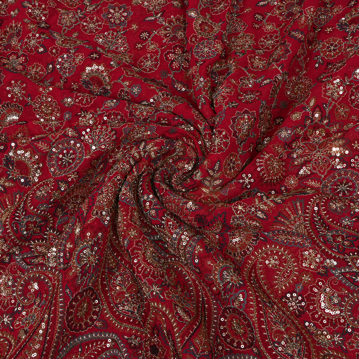 Maple Red Georgette Embroidered Fabric