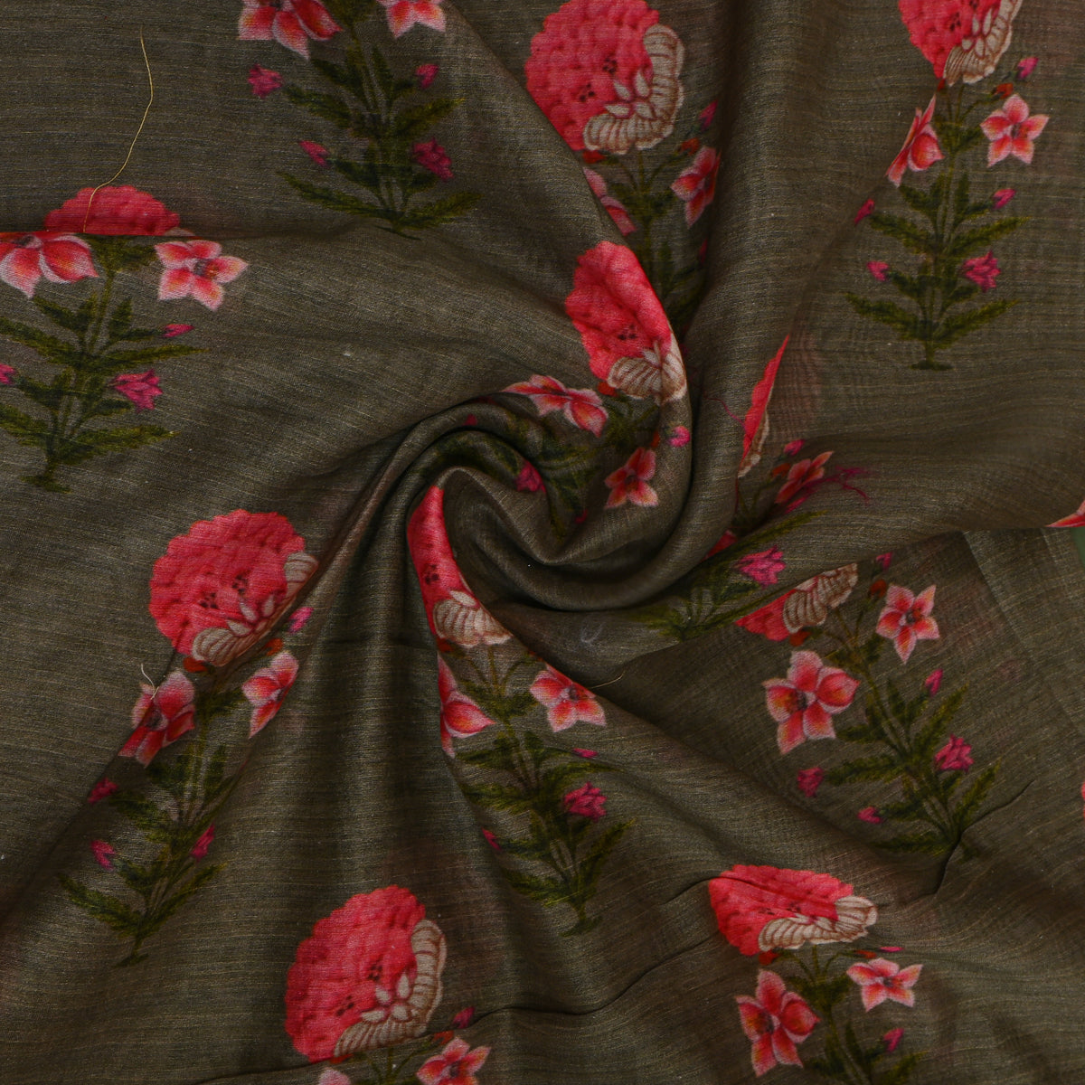 Dark Olive Green Printed Silk Fabric