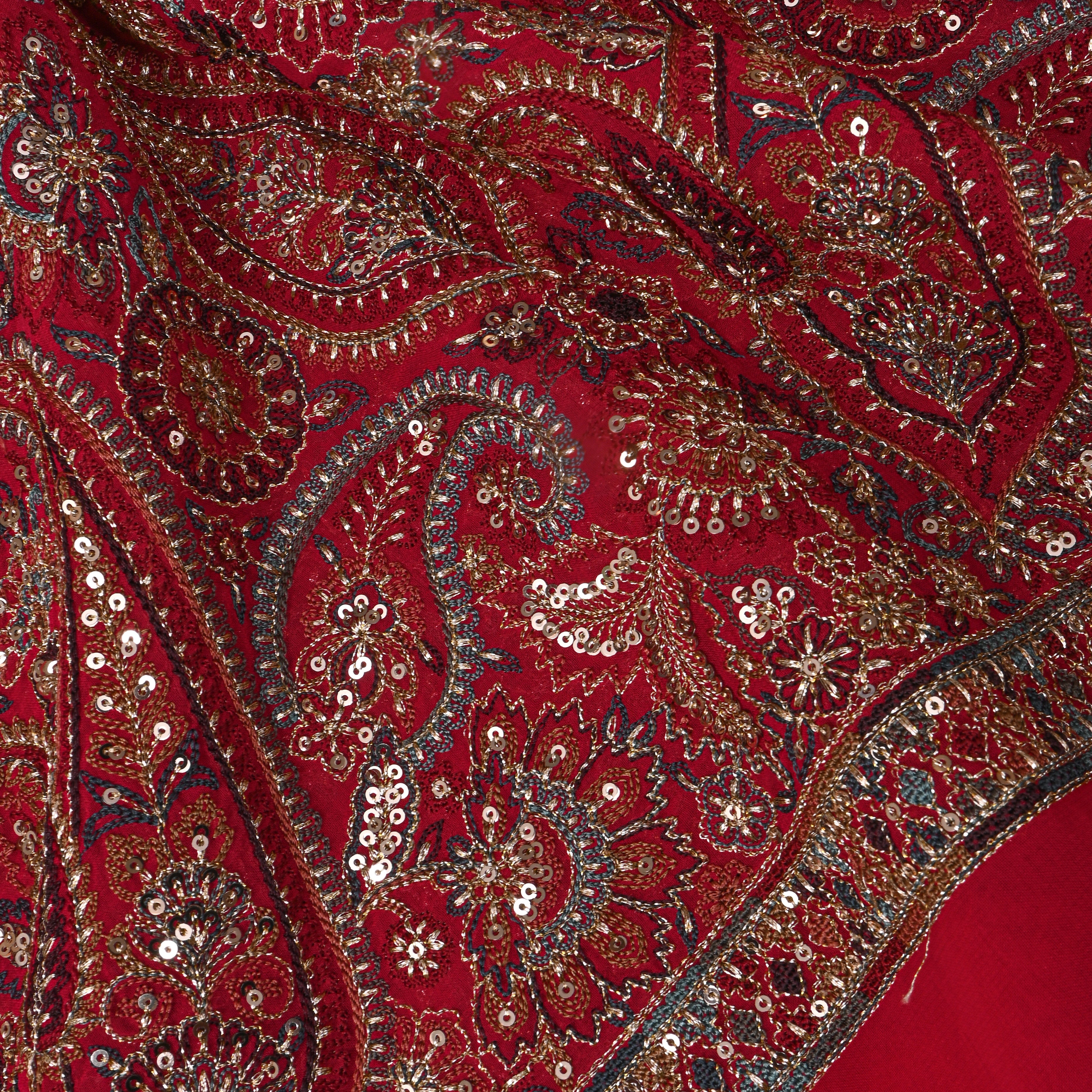 Maple Red Georgette Embroidered Fabric
