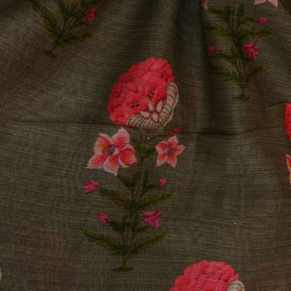 Dark Olive Green Printed Silk Fabric