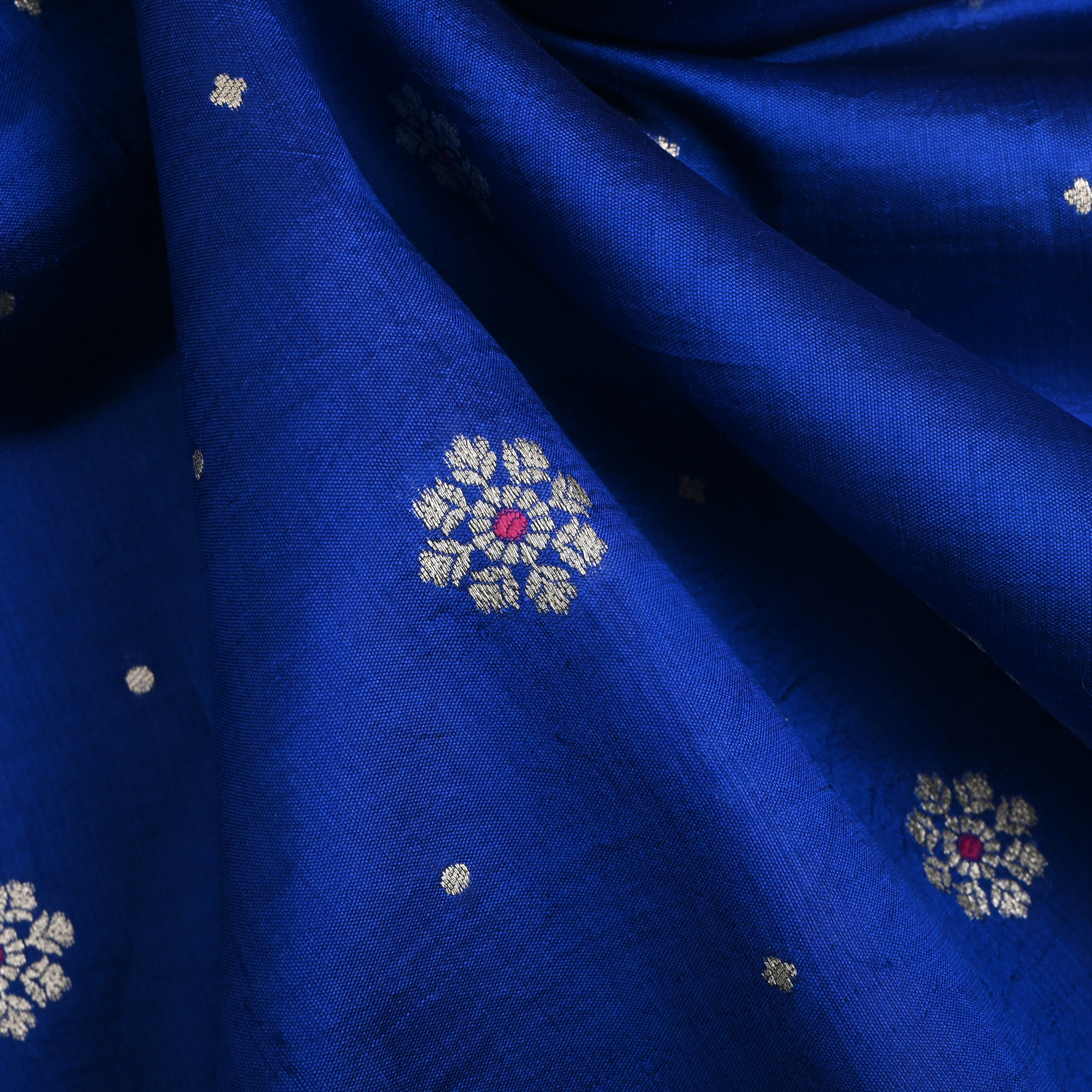 Royal Azure Blue Floral Zari Silk Fabric