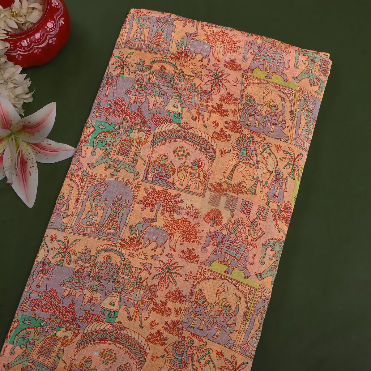 Melon Peach Royal Procession Print Chanderi Fabric
