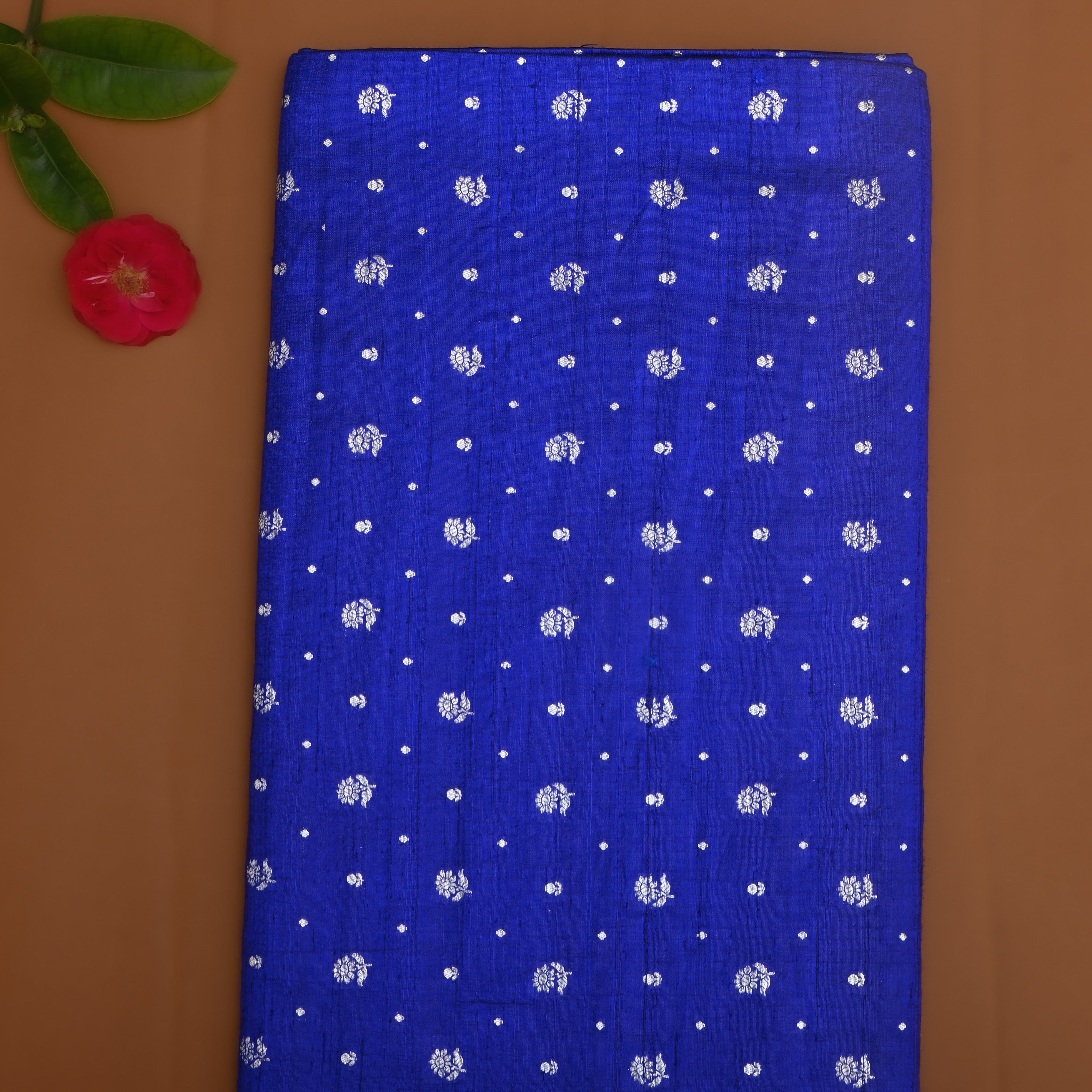 Cobalt Blue Floral Zari Dupion Silk Fabric
