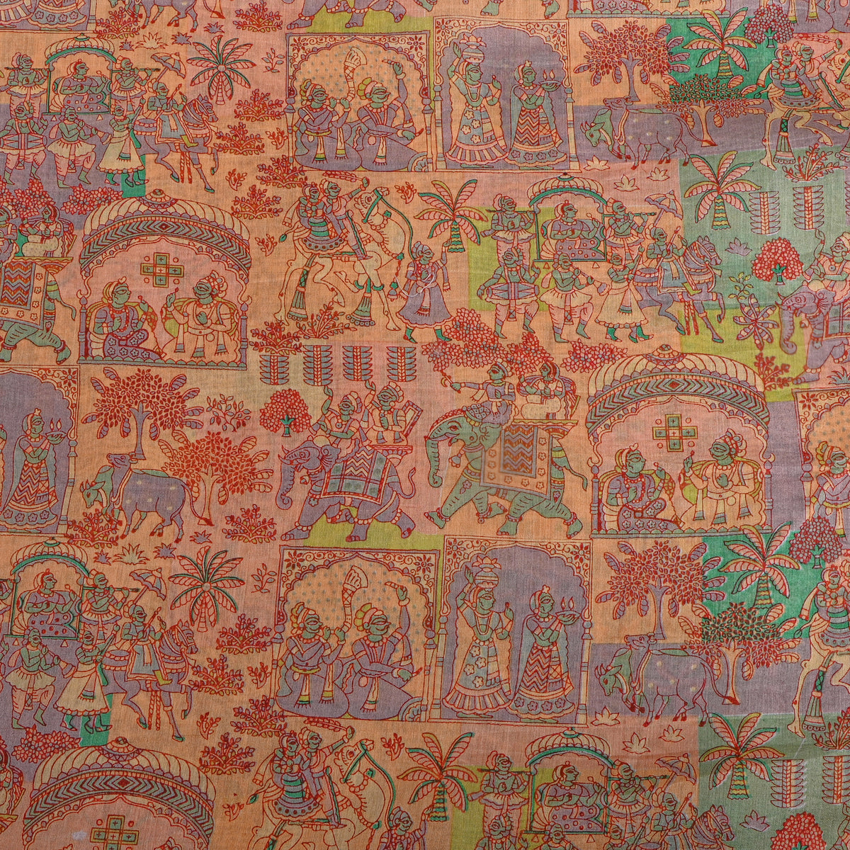 Melon Peach Royal Procession Print Chanderi Fabric