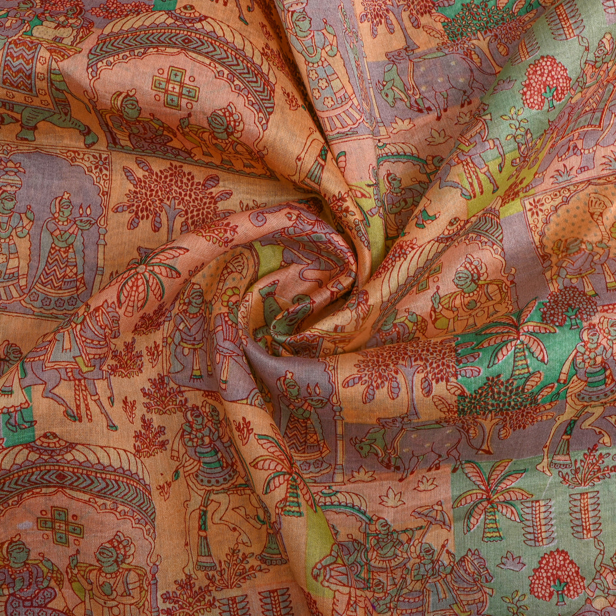 Melon Peach Royal Procession Print Chanderi Fabric