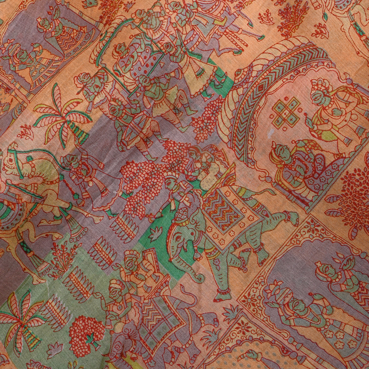 Melon Peach Royal Procession Print Chanderi Fabric