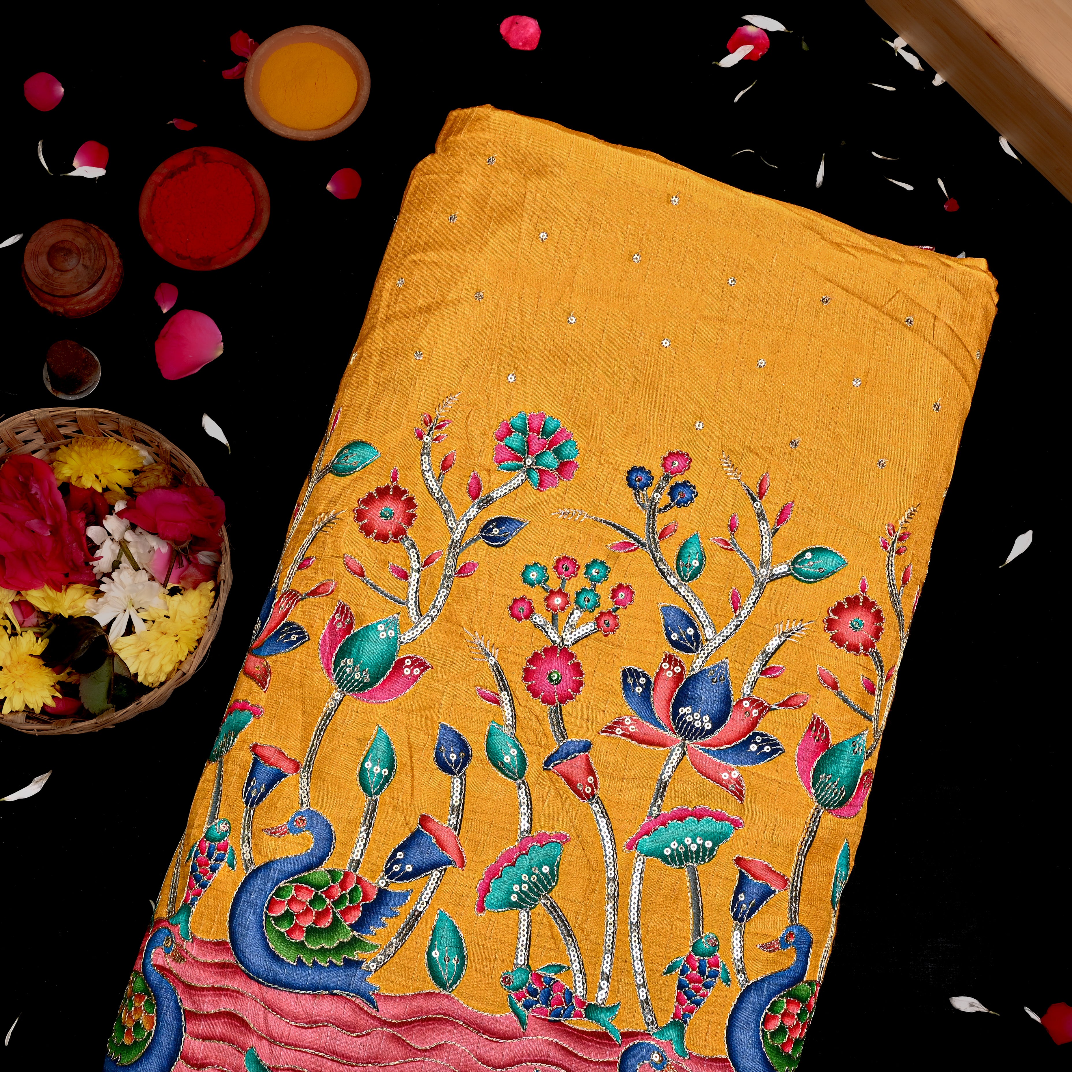 Beer Yellow Silk Fabric With Printed Embroidery