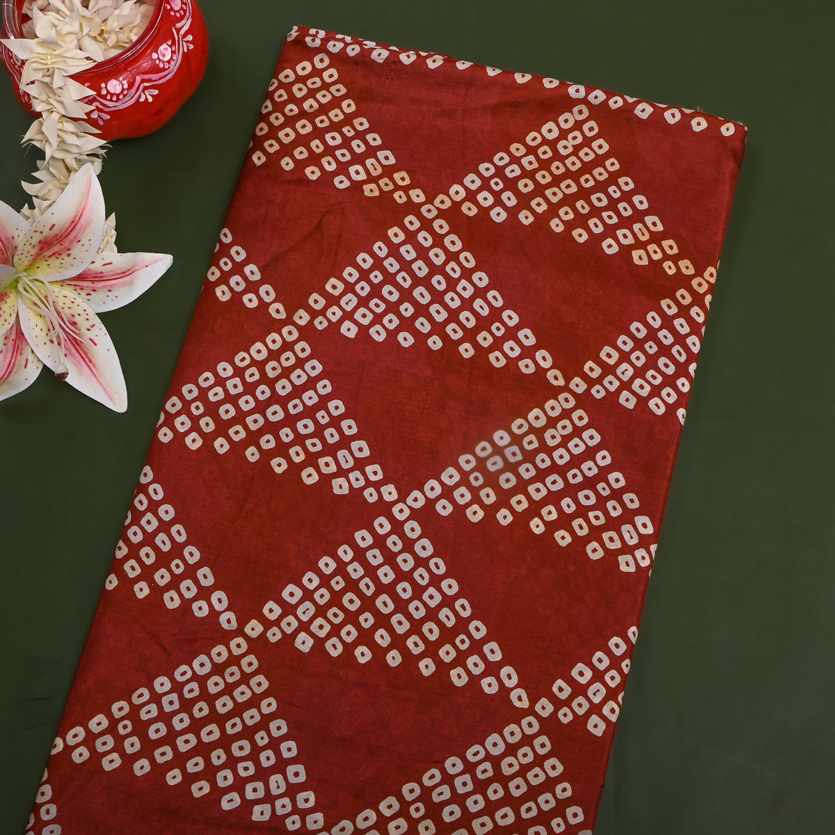 Maroon Bandhani Geometric Print Silk Fabric
