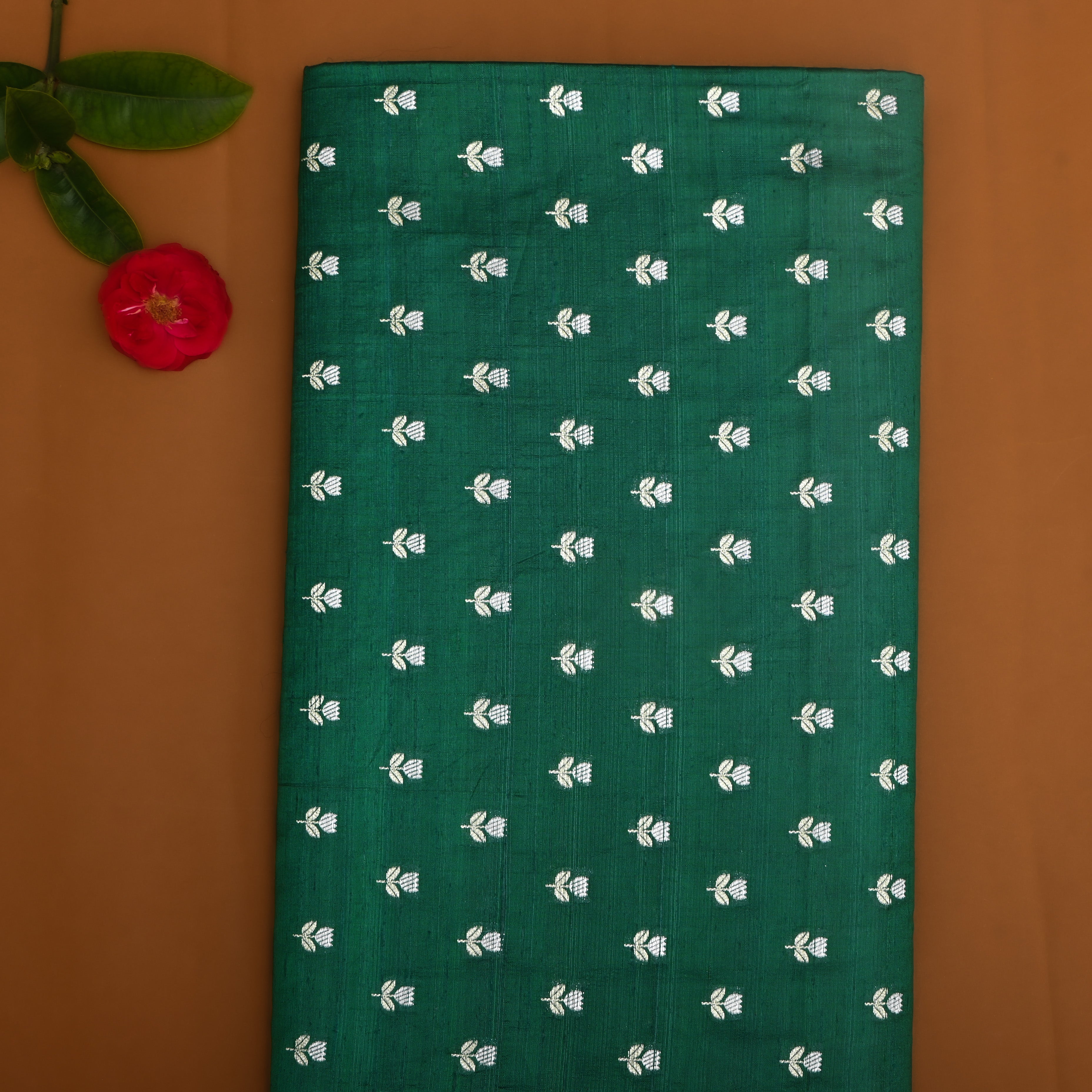 Bottle Green Floral Zari Dupion Silk Fabric
