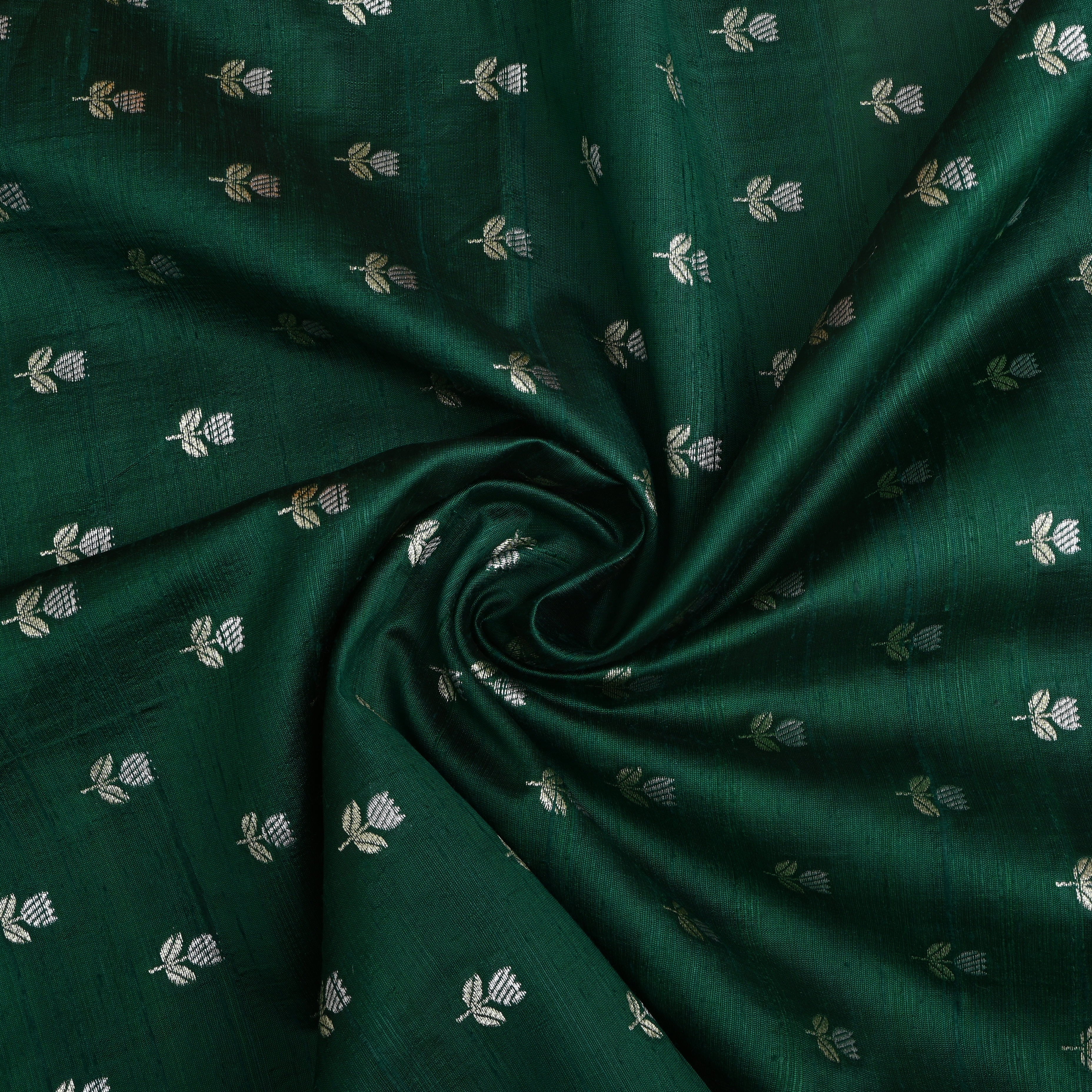 Bottle Green Floral Zari Dupion Silk Fabric