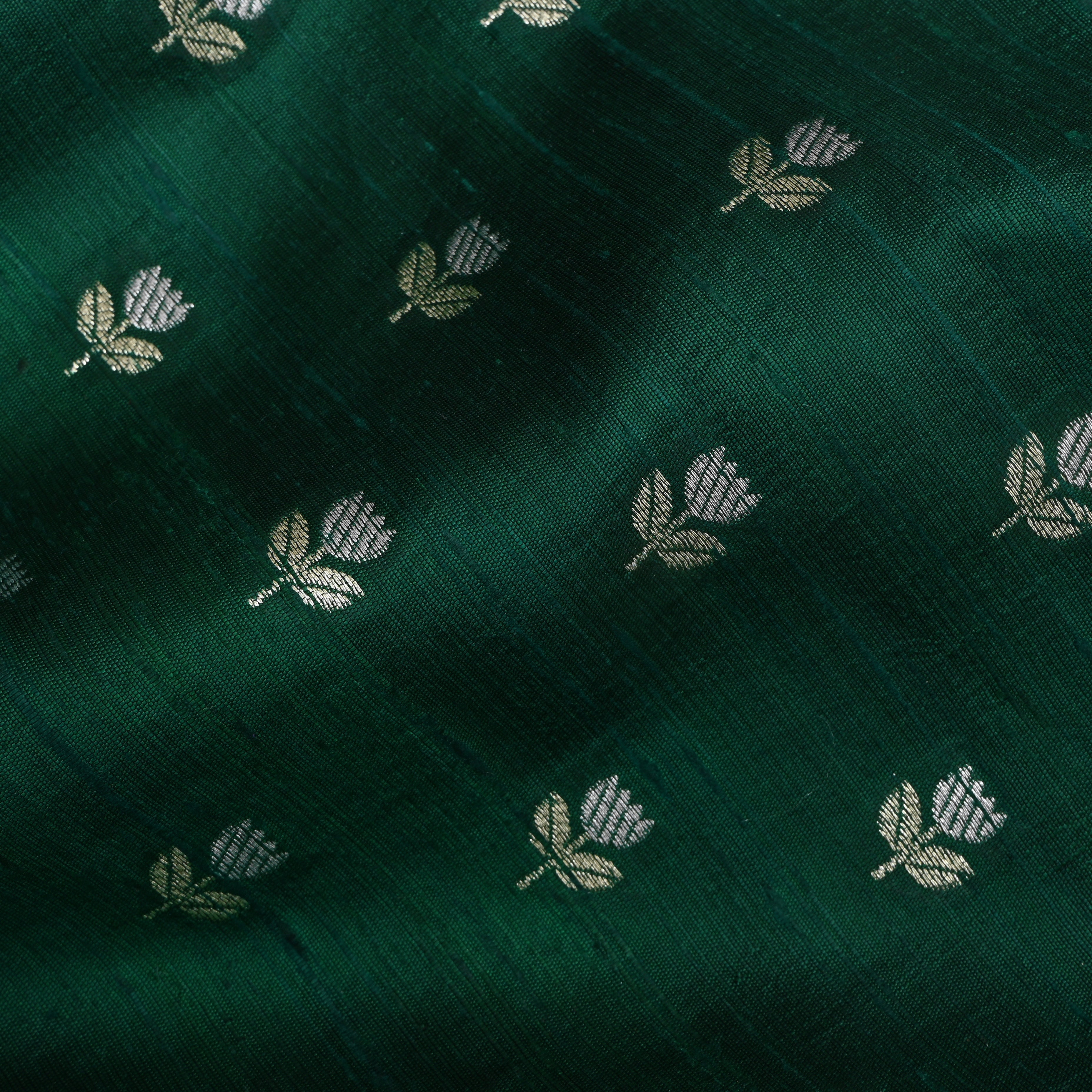 Bottle Green Floral Zari Dupion Silk Fabric