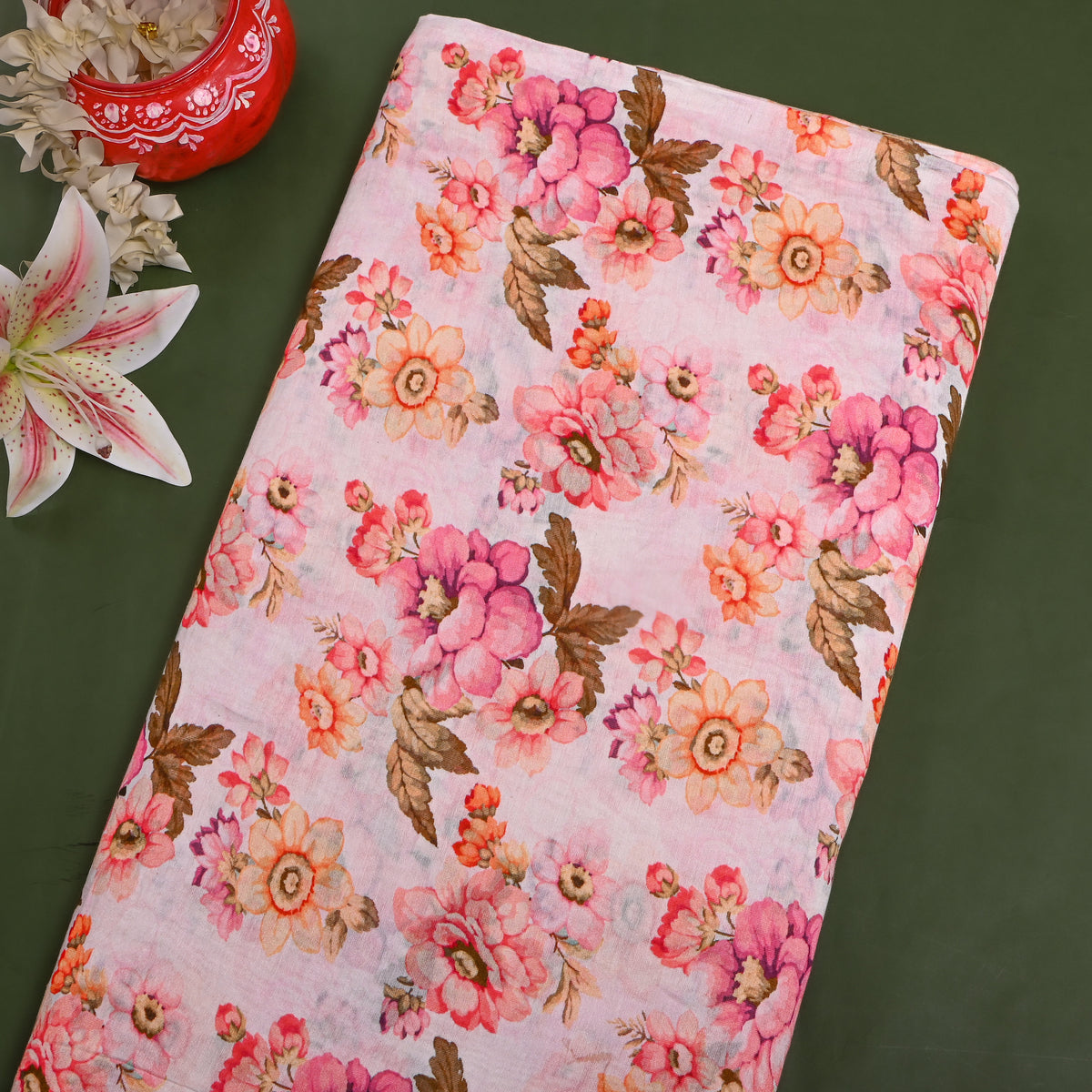 Shell White Pink Floral Print Silk Fabric