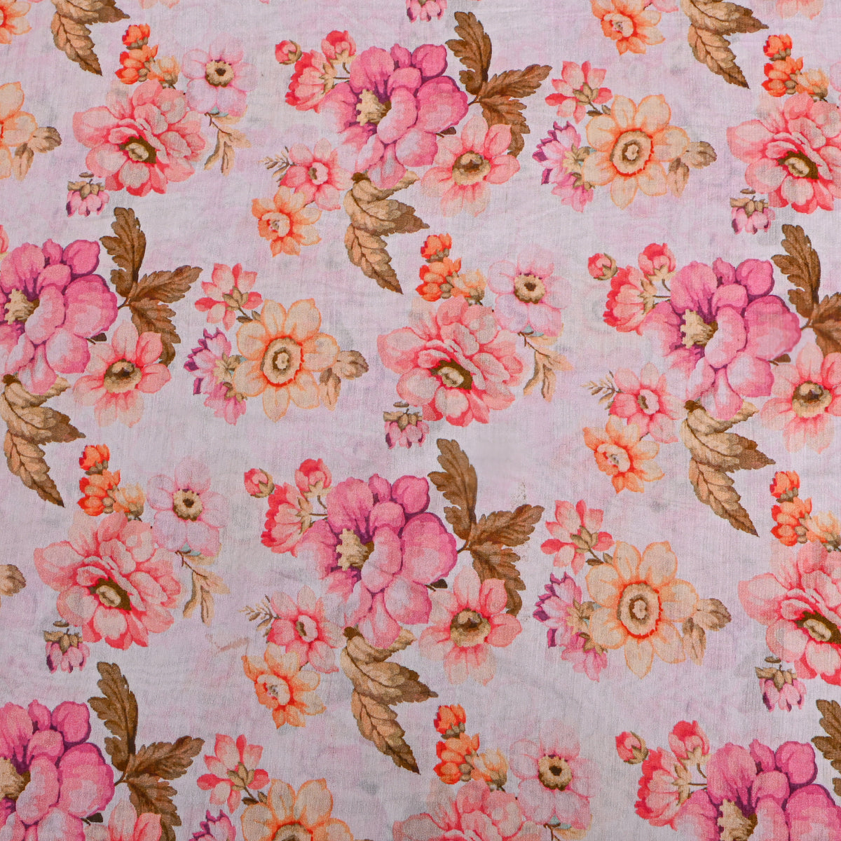 Shell White Pink Floral Print Silk Fabric