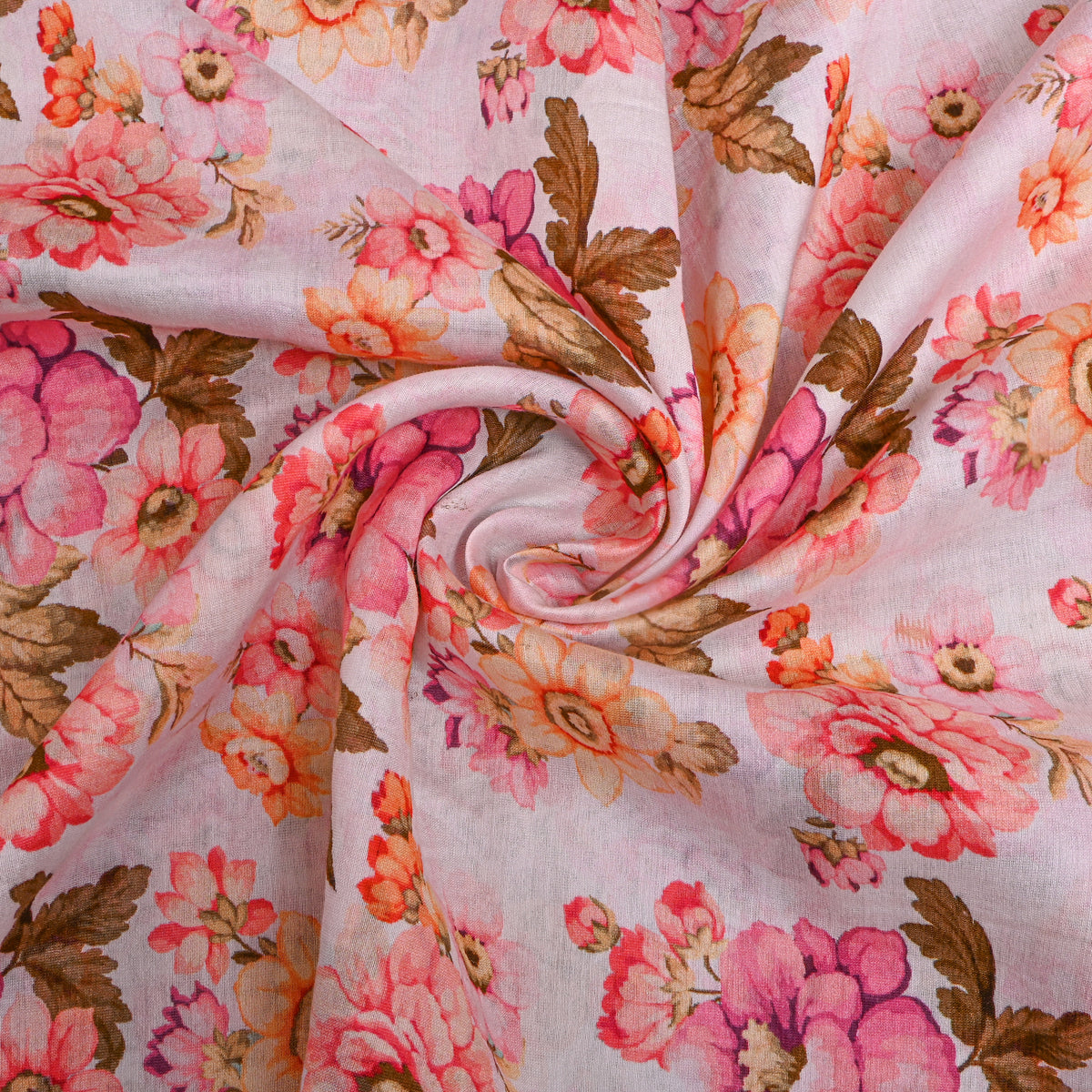 Shell White Pink Floral Print Silk Fabric