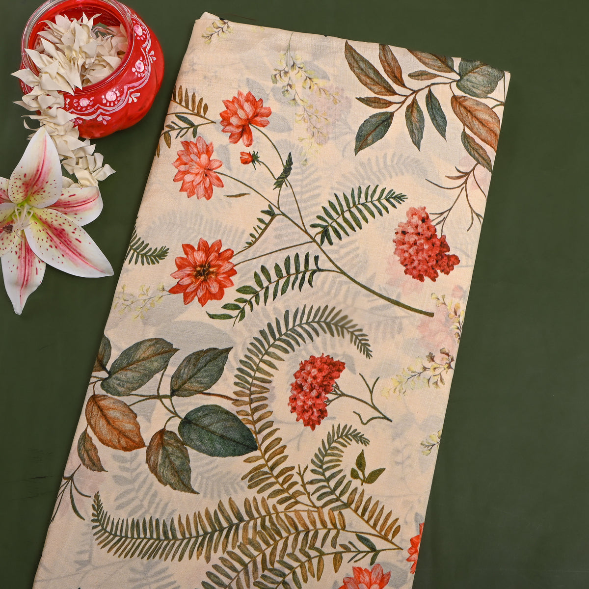Cream Beige Fern And Coral Floral Printed Silk Fabric