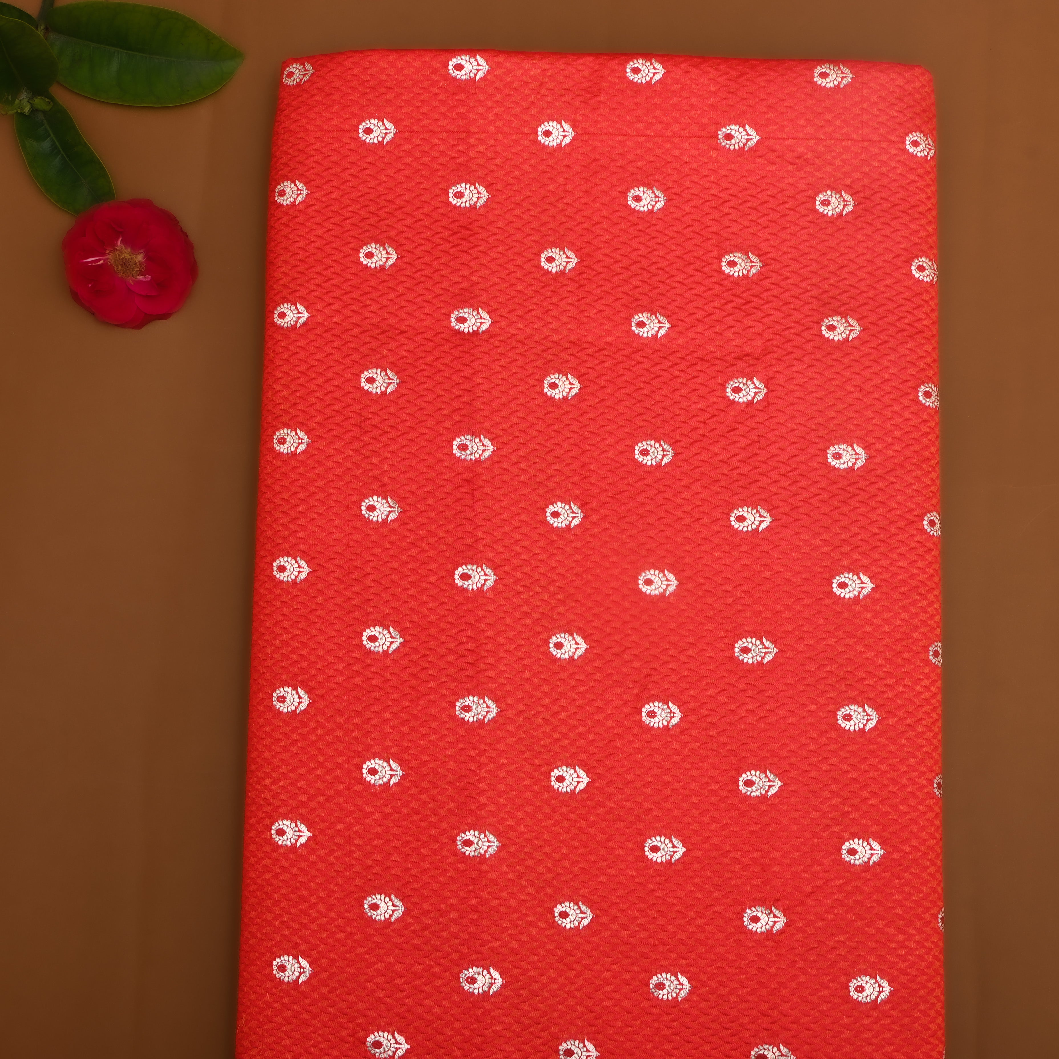 Bright Red Floral Zari Silk Fabric