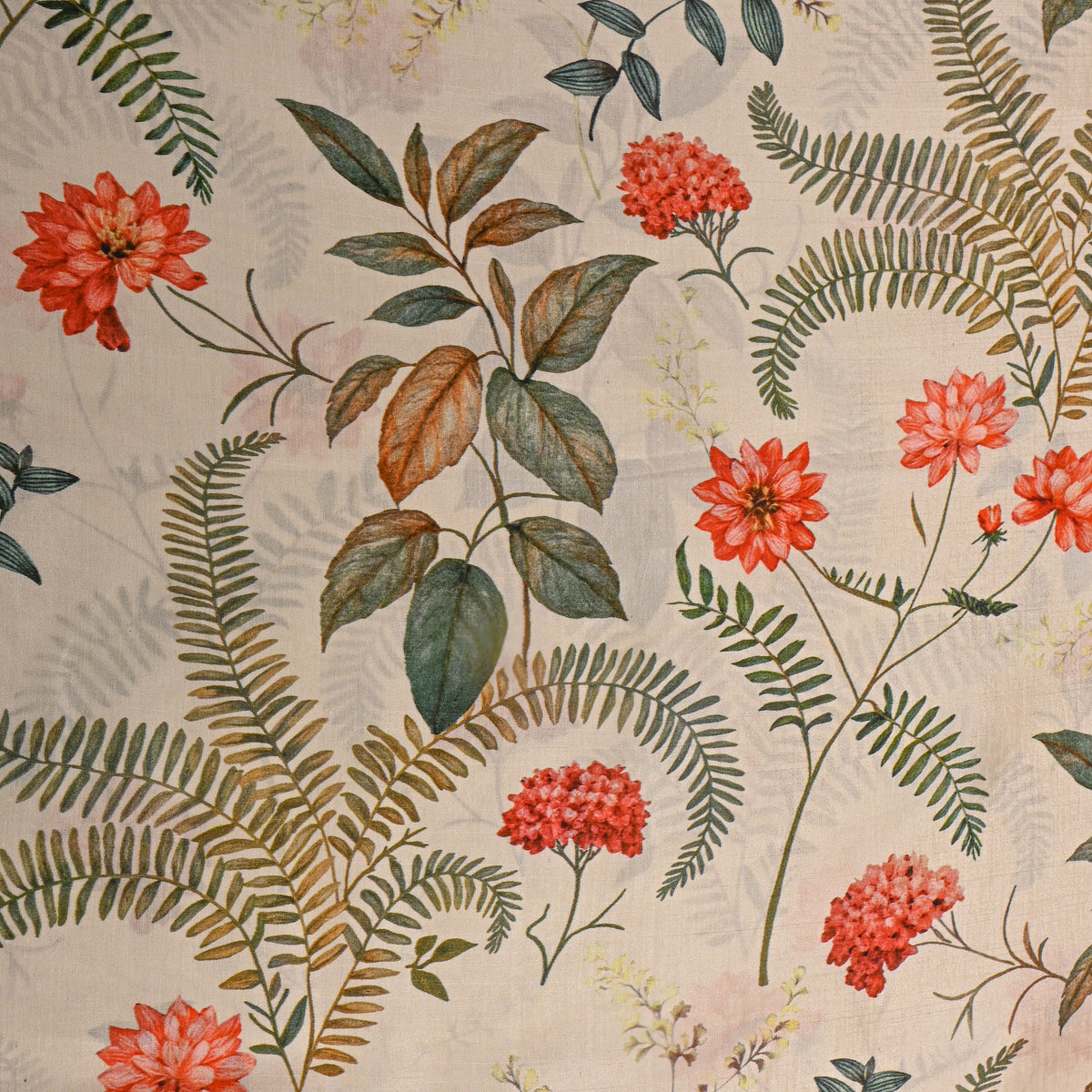 Cream Beige Fern And Coral Floral Printed Silk Fabric