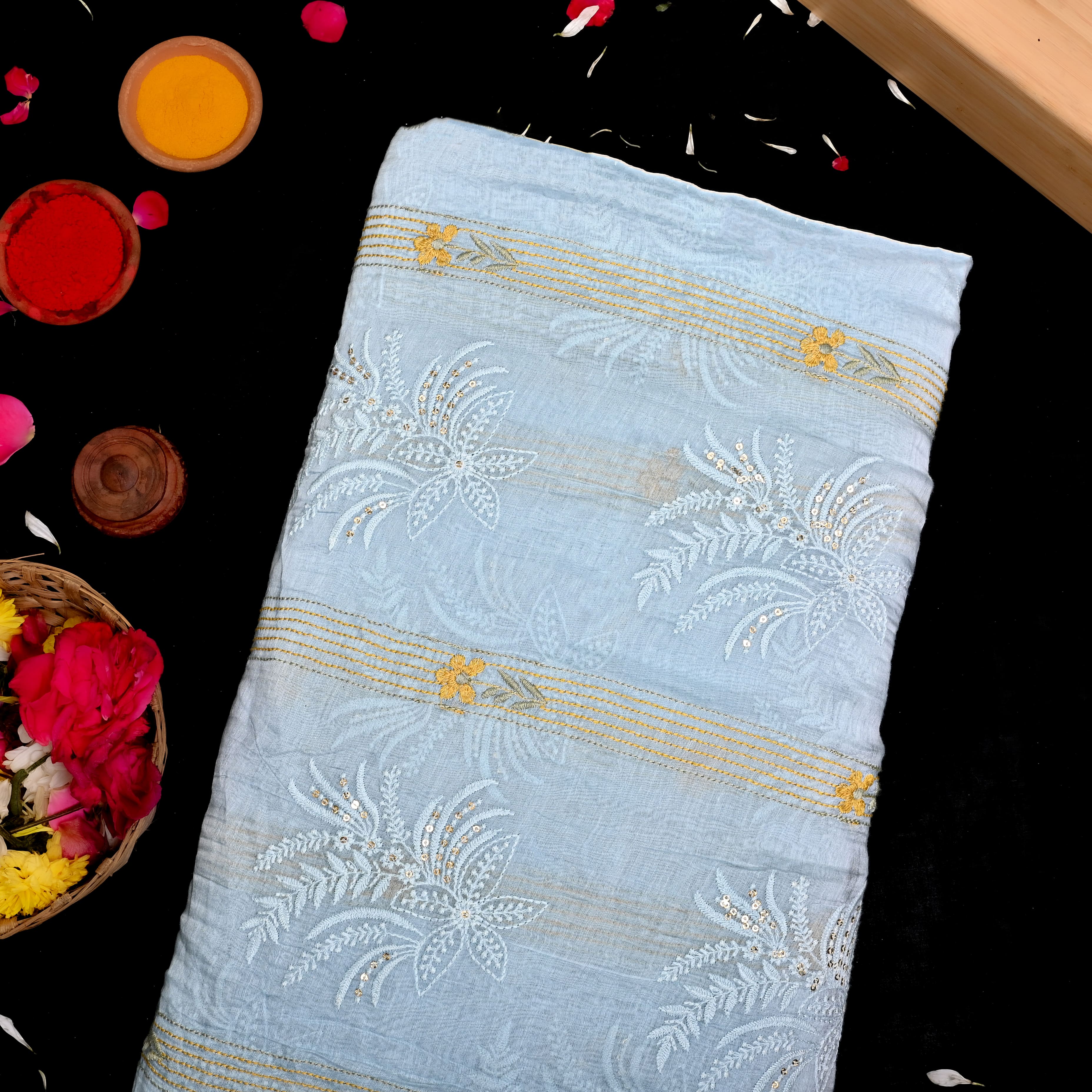 Light Greyish Blue Chanderi Fabric With Embroidery