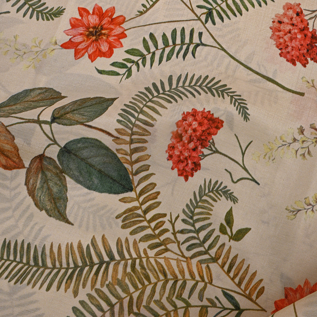 Cream Beige Fern And Coral Floral Printed Silk Fabric