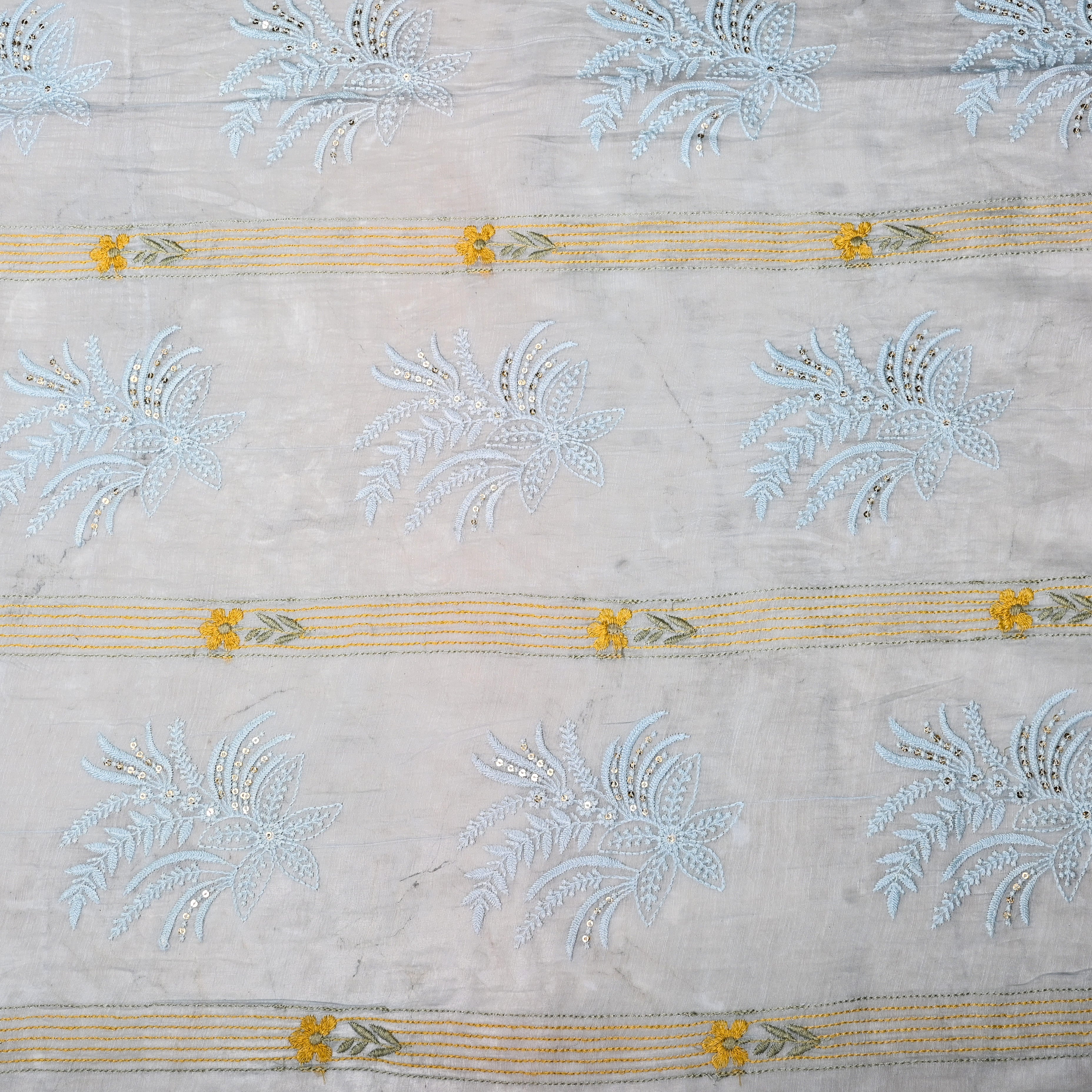 Light Greyish Blue Chanderi Fabric With Embroidery
