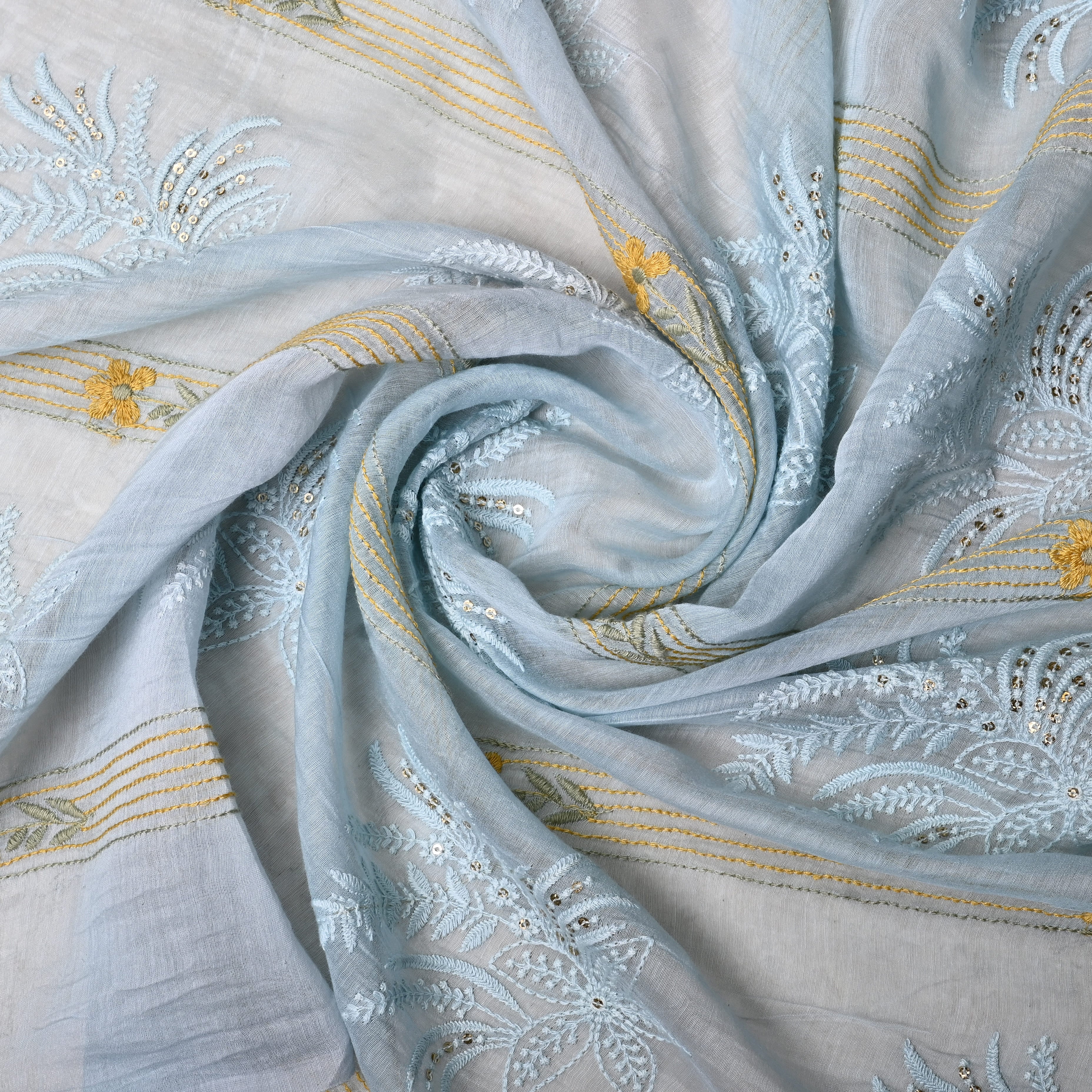 Light Greyish Blue Chanderi Fabric With Embroidery