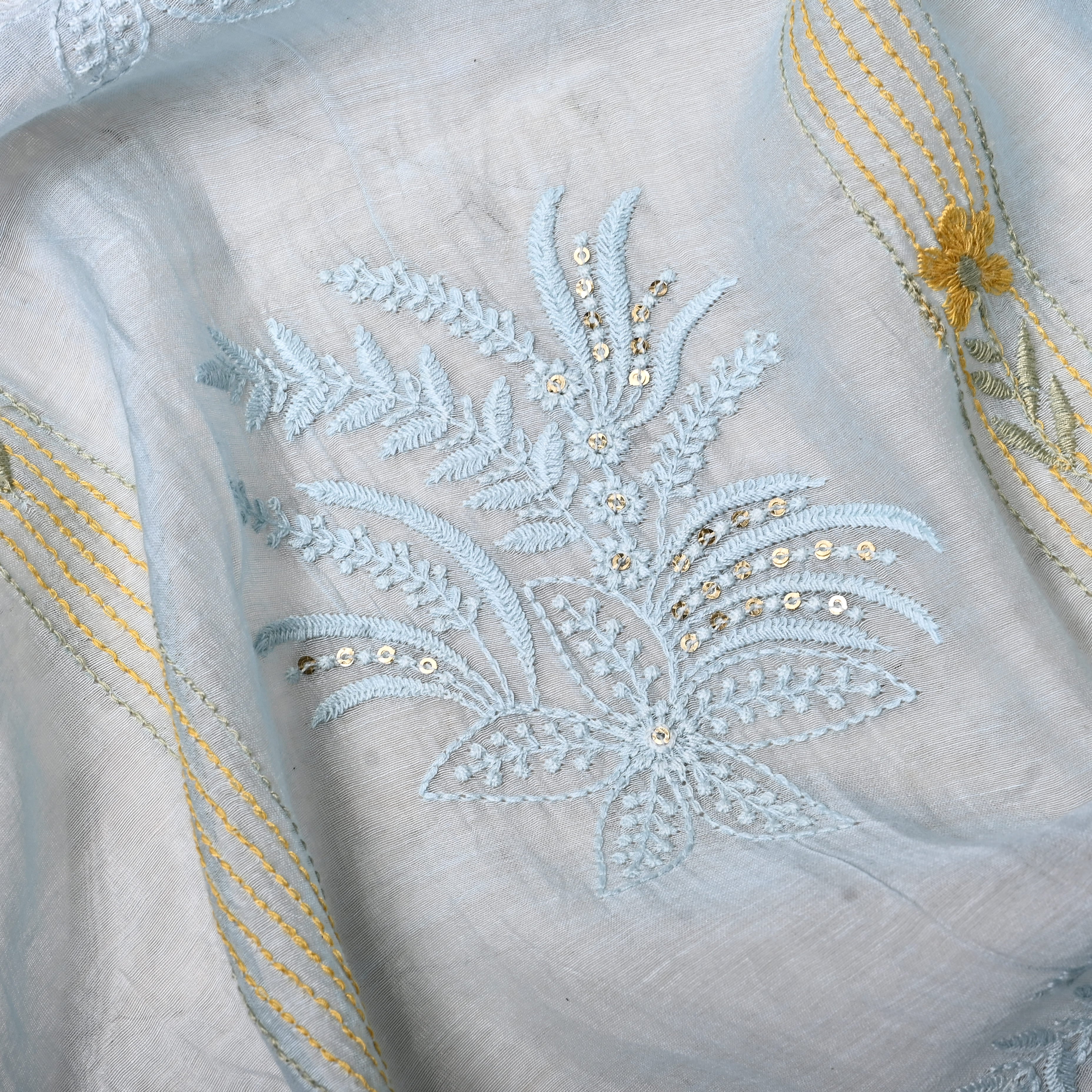 Light Greyish Blue Chanderi Fabric With Embroidery