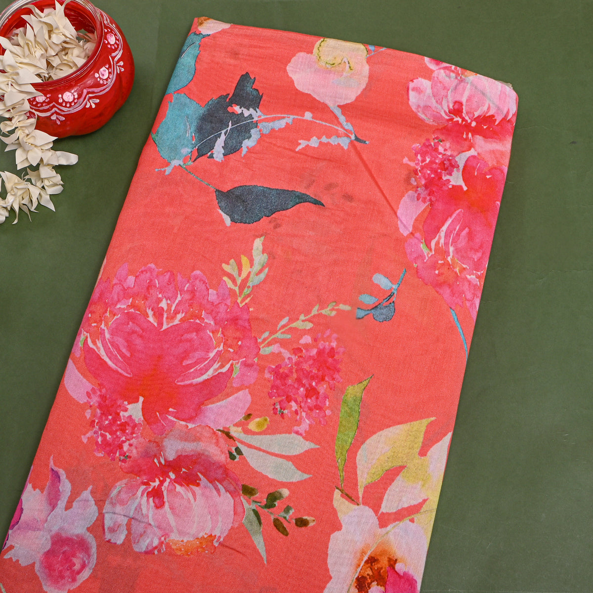 Orange Floral Print Tusser Fabric