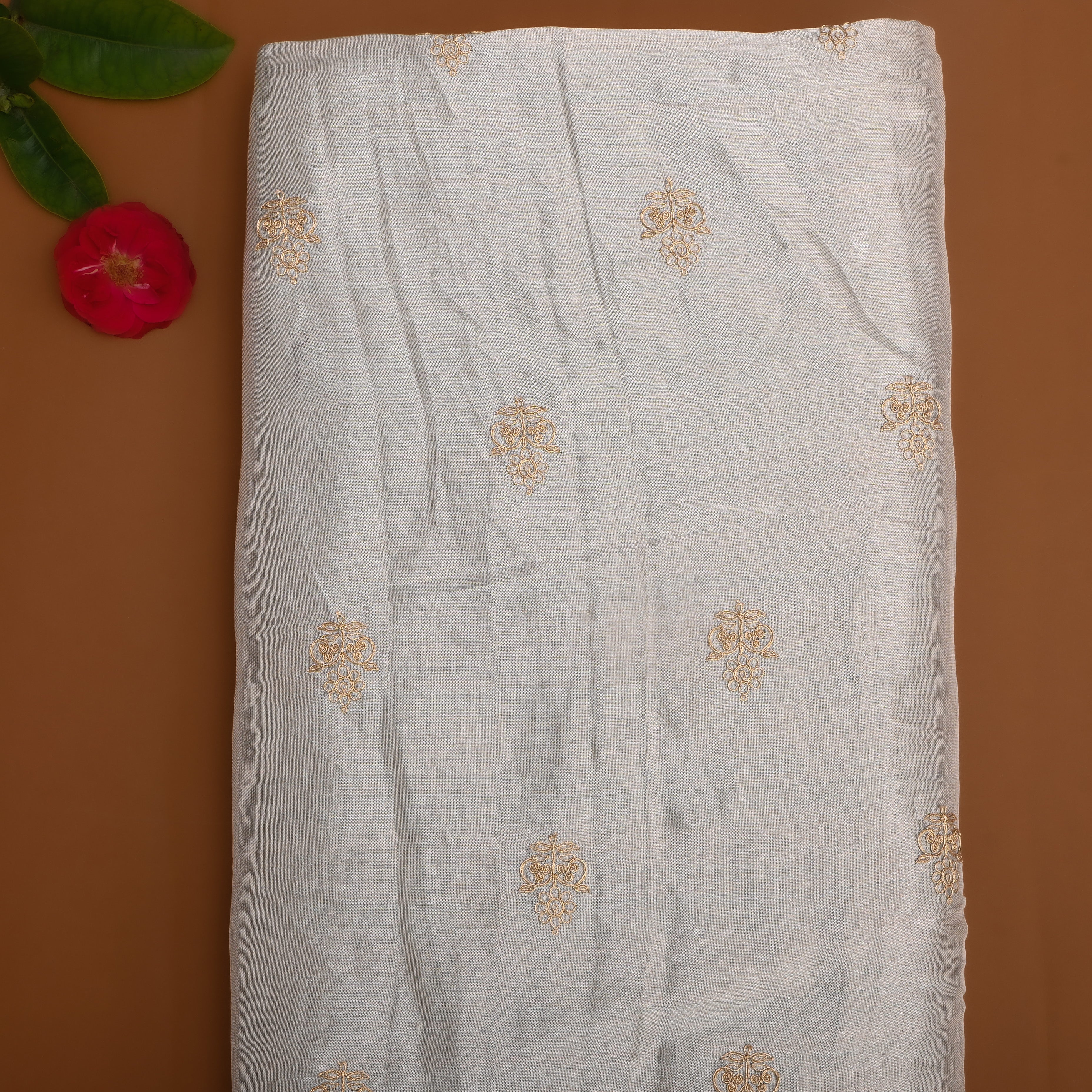 Silver Floral Embroidered Tissue Fabric