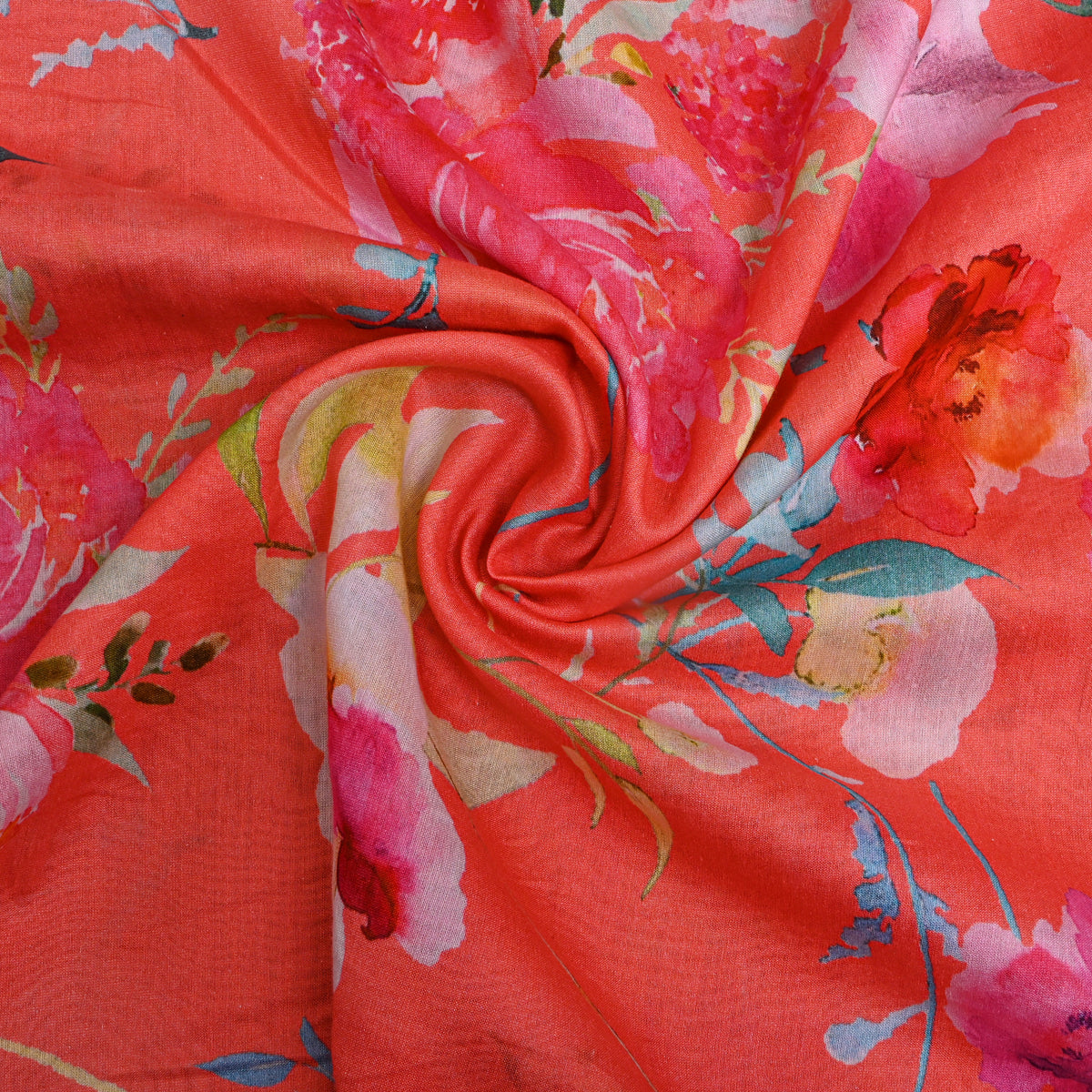 Orange Floral Print Tusser Fabric